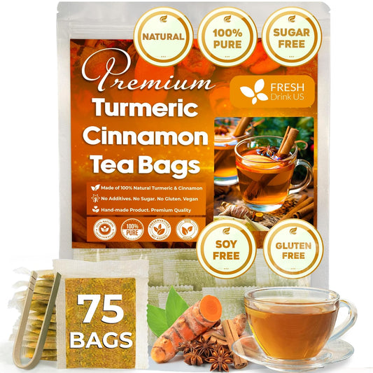 FreshDrinkUS, Premium 75 Turmeric Cinnamon Tea Bags, 100% Natural, Blend of Turmeric, and Cinnamon. Made with Natural Material Tea Bags. No Sugar. No Caffeine. Vegan.