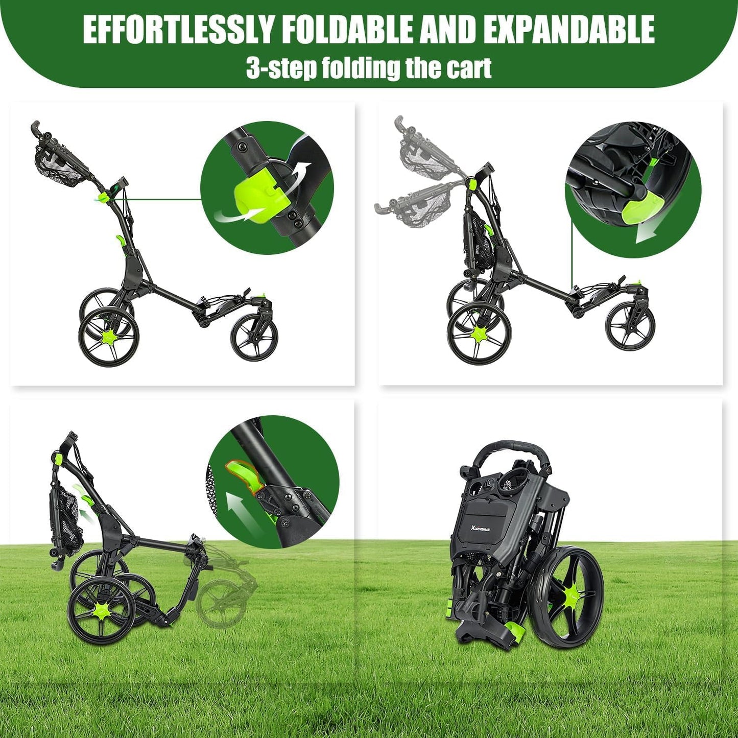 Golf Push Cart Series: 2-Wheel, 3-Wheel, 4-Wheel & 360° Swivel Front Wheel