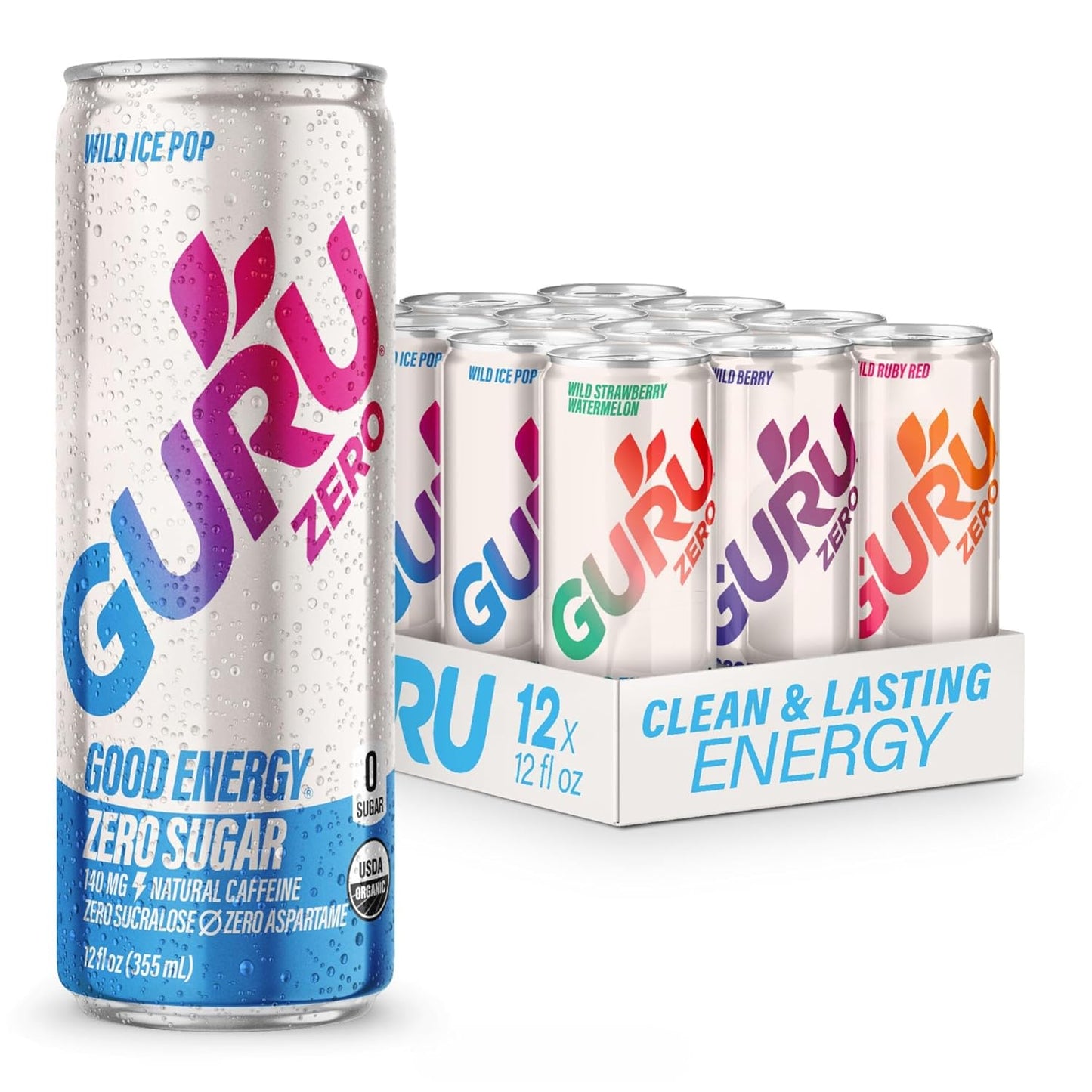 GURU ZERO SUGAR Organic Energy Drinks Variety Pack, Clean Energy Drink with Plant Based Natural Caffeine from Green Tea, Coconut Water, Prebiotic, Zero Added sugars, Gluten Free and Vegan, Pre Workout, Healthy Drinks, 12oz (Pack of 12)