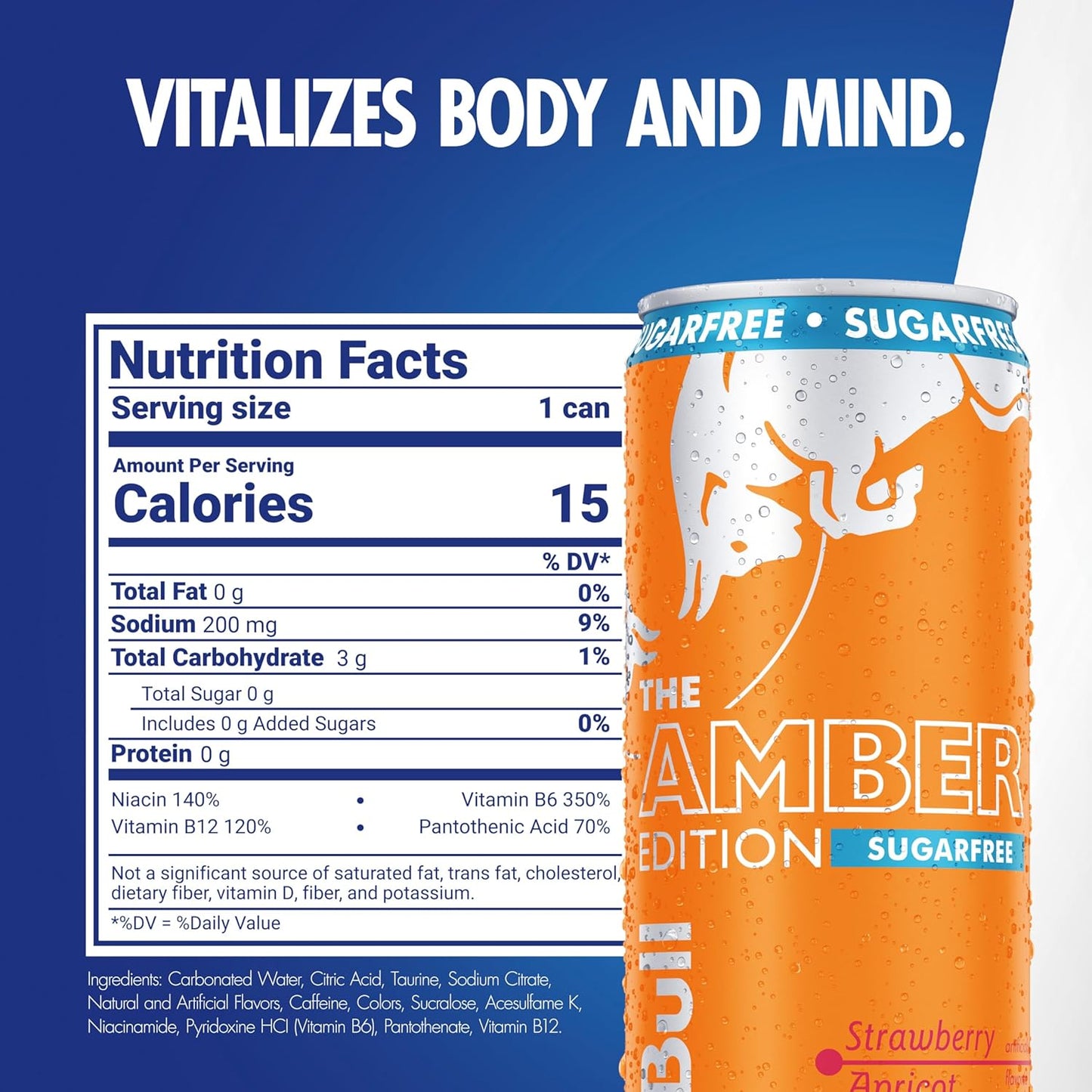 Red Bull Amber Edition Sugar Free Energy Drink, Strawberry Apricot, with 114mg Caffeine plus Taurine & B Vitamins, 12 Fl Oz, 6 Packs of 4 Cans (Pack of 24)
