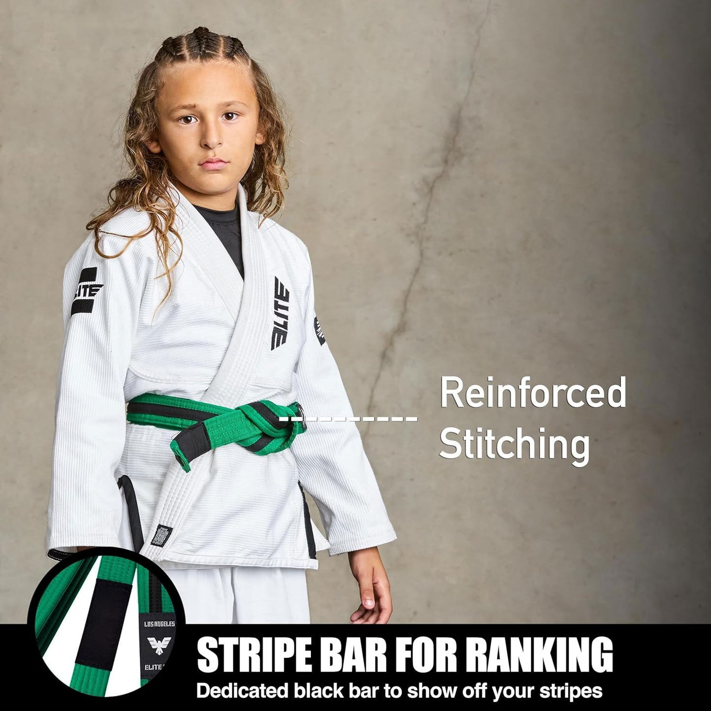 Elite Sports Kids Brazilian Jiu Jitsu Belts Preshurunk Martial Arts Youth BJJ Belts for Girls & Boys with BJJ Ranking Stripes