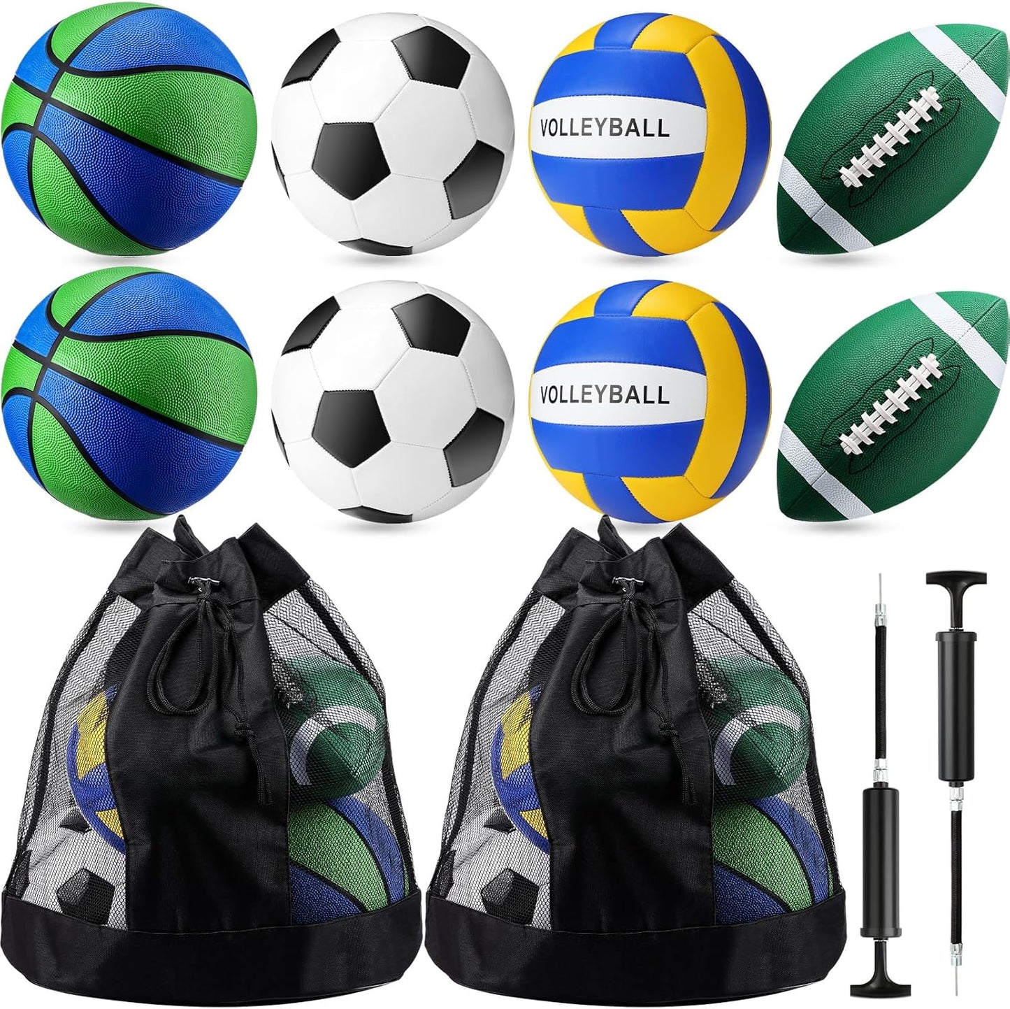 8 Pcs Sports Balls Set Include Basketball Football Soccer Volleyball with 2 Sport Equipment Bags 2 Pumps for Teens Youth Adult Outdoor Operation Christmas Ball Gifts