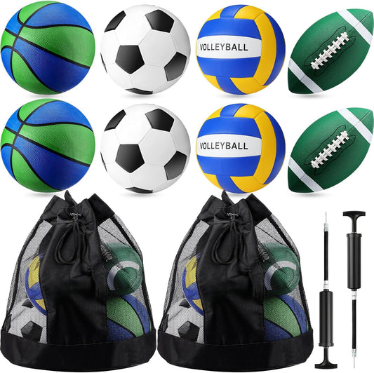 8 Pcs Sports Balls Set Include Basketball Football Soccer Volleyball with 2 Sport Equipment Bags 2 Pumps for Teens Youth Adult Outdoor Operation Christmas Ball Gifts