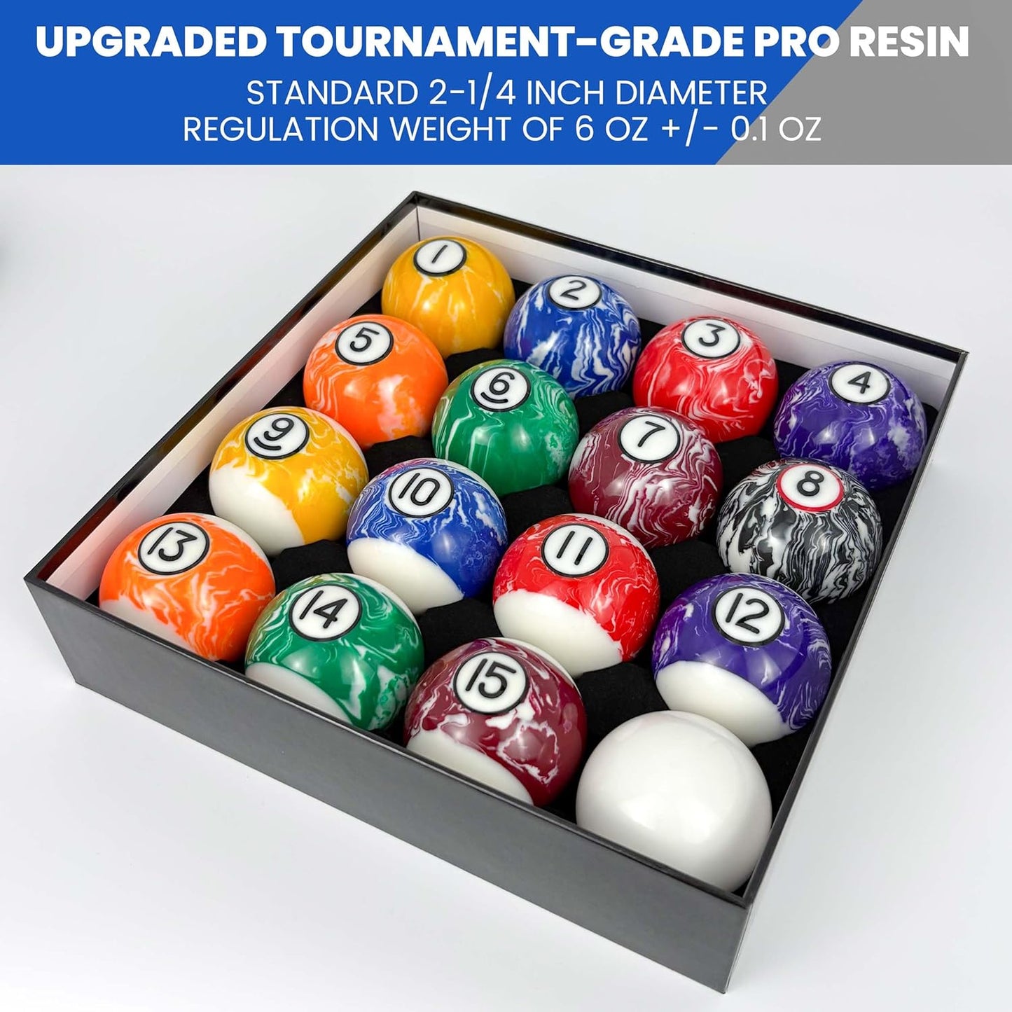 Pool Balls Billiard Set – 2-1/4" Regulation Size, 6 oz Professional Weight, AAA Grade Pure Resin, White Marble Swirl Pool Table Balls for Tournament, Bar, Game Room & Gifts