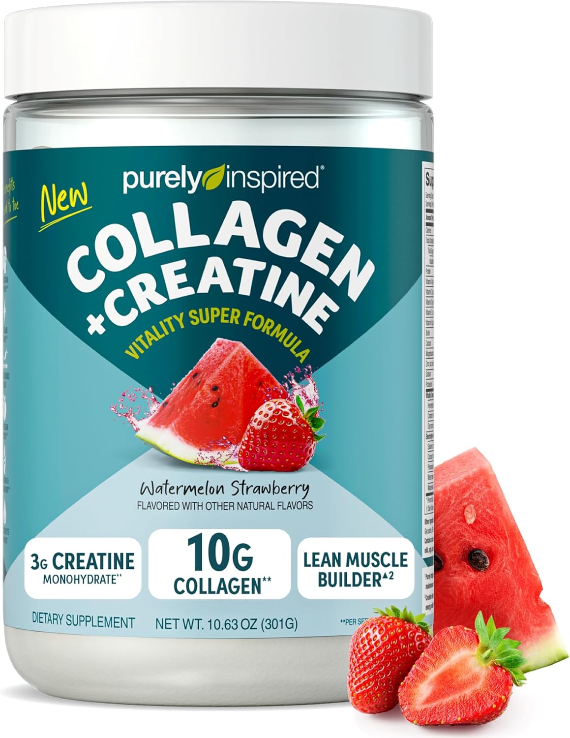 Purely Inspired Collagen and Creatine Powder, Watermelon Strawberry - 10g Collagen & 3g Creatine Builds Lean Muscle - Flavored Drink Mix with Key Electrolytes - Gluten-Free & Zero Sugar