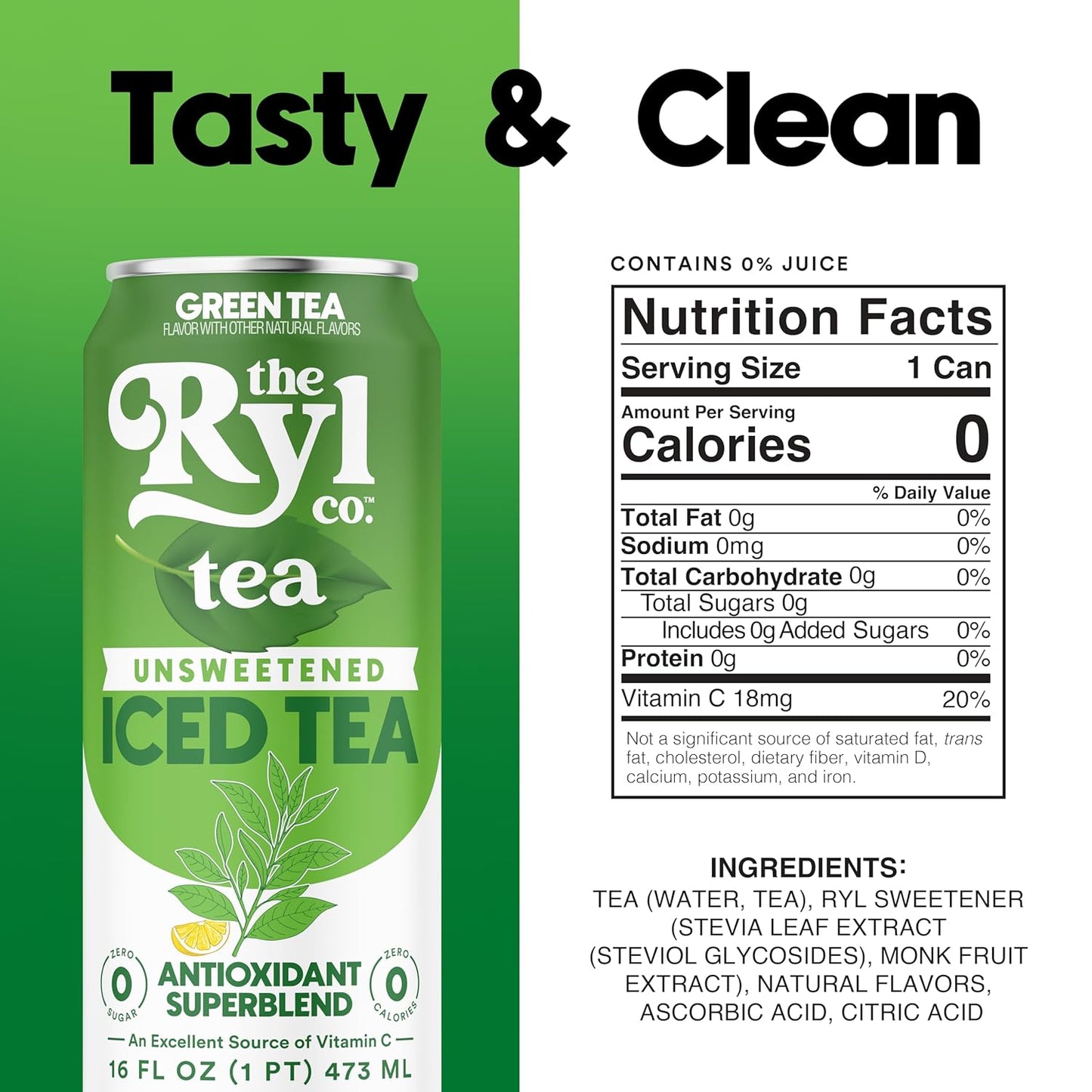 Ryl Unsweetened Green Iced Tea – Antioxidant Superblend, No Artificial Ingredients, Zero Sugar, Zero Calorie, Low Carb, Non-GMO, Kosher, Gluten Free, Made in the USA, 12-Pack, 16 Fl Oz