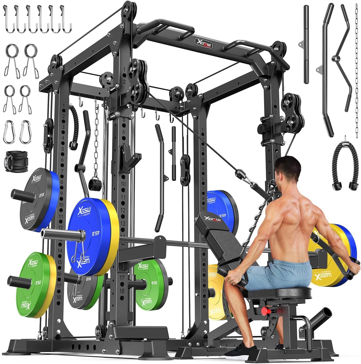 Power Cages Multi-Purpose Squat Rack with Cable Crossover System, Matching Weight Bench, Olympic Barbell Weight Set for Garage and Home Gyms