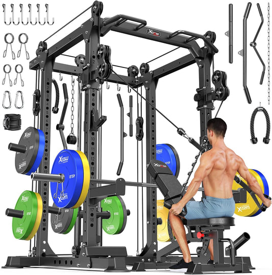 Power Cages Multi-Purpose Squat Rack with Cable Crossover System, Matching Weight Bench, Olympic Barbell Weight Set for Garage and Home Gyms