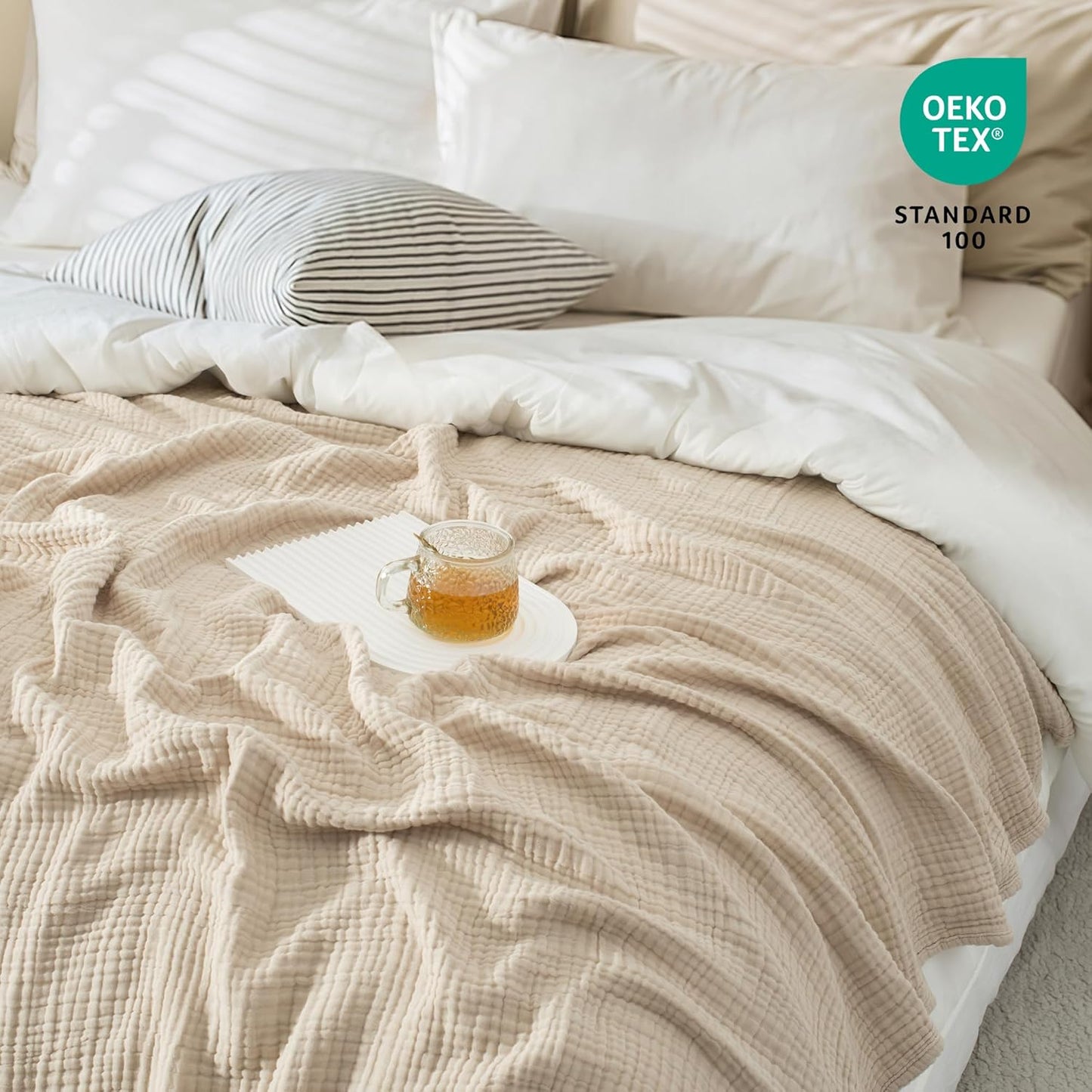 Carriediosa 100% Cotton Muslin Throw Blanket 90" X 90" Queen Size，4-Layers Summer Gauze Throws for Bed Couch，Soft Lightweight Breathable Linen Blankets Bedspread for Adults All Season，Khaki