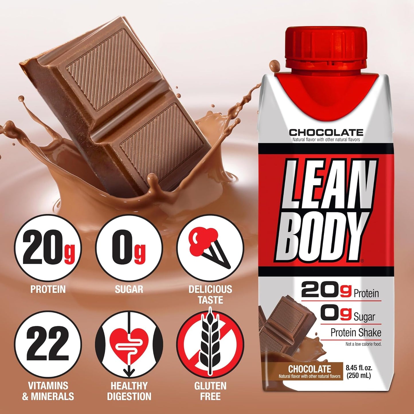 LABRADA NUTRITION - Lean Body RTD Whey Protein Shake, Convenient On-The-Go Meal Replacement Shake for Men & Women, 20 grams of Protein – Zero Sugar, Lactose & Gluten Free, Chocolate (Pack of 16)
