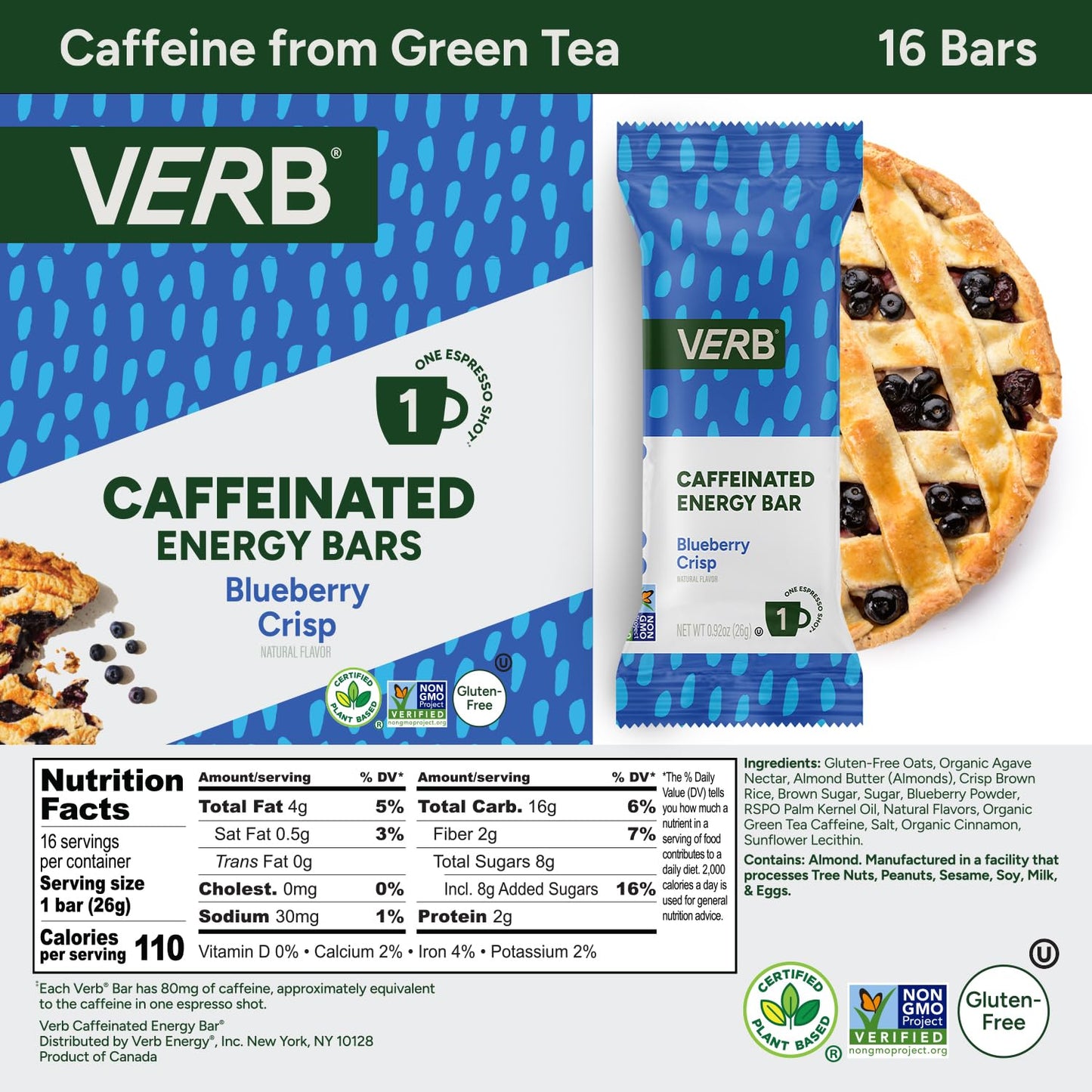 Verb Caffeinated Energy Bars Blueberry Crisp (26g, Pack of 16) 110-Calorie Delicious Low Sugar Energy Bar - Vegan Gluten Free On-the Go Snack with 80mg Green Tea Caffeine, Only Real-Food Ingredients