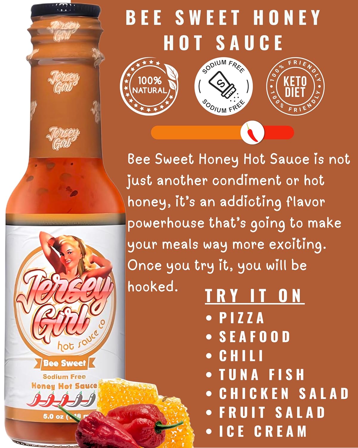 Jersey Girl (Bee Sweet Honey Hot Sauce) Trinidad Scorpion & Ghost Pepper - No Sodium/Salt Free
