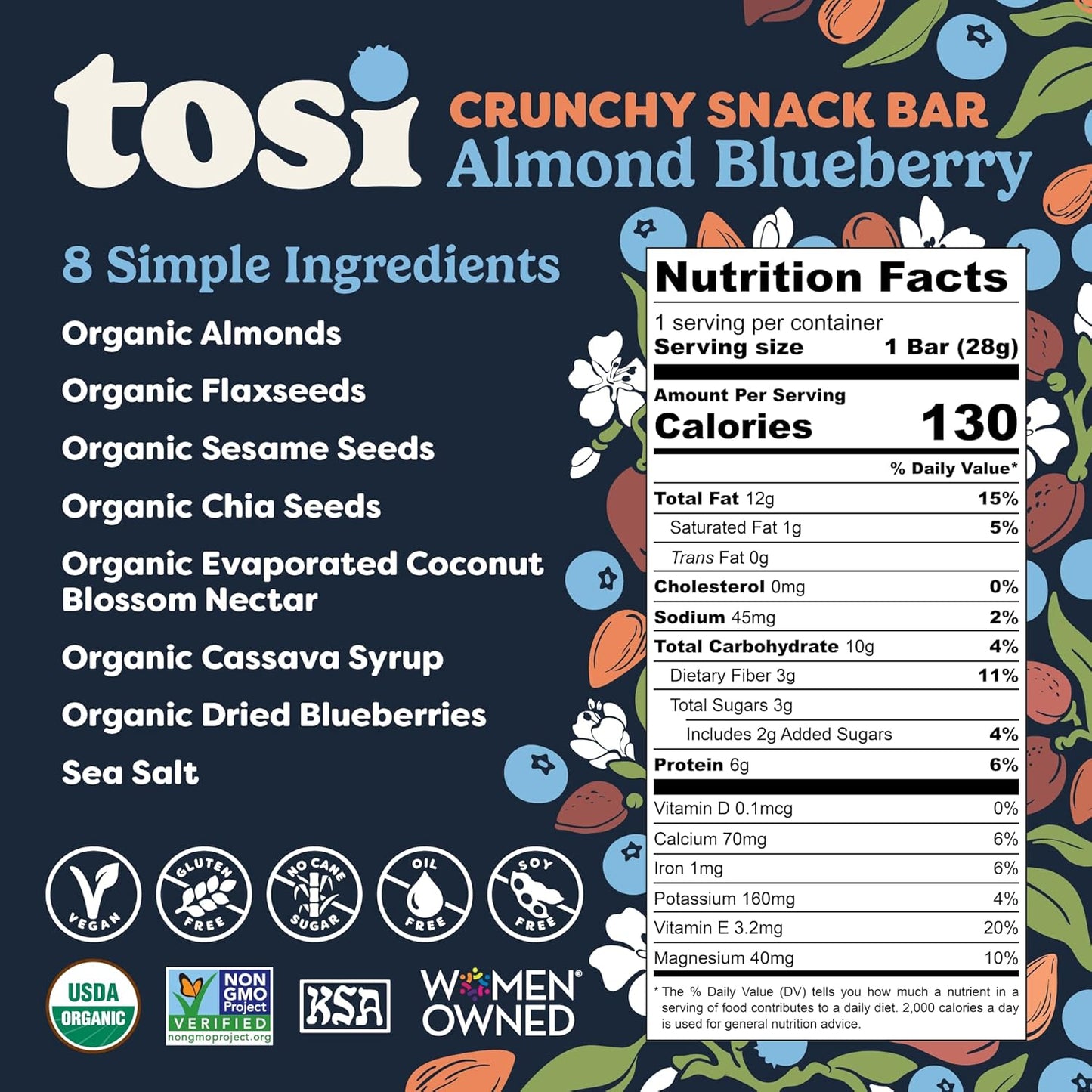 Tosi Almond Blueberry Protein Bars, Plant Based with Nuts, Gluten-Free Crunchy Snacks, Vegan, Organic, Flax & Chia Seeds, Soy-Free, Omega 3s, 5G Protein, 1 oz, 12-Pack
