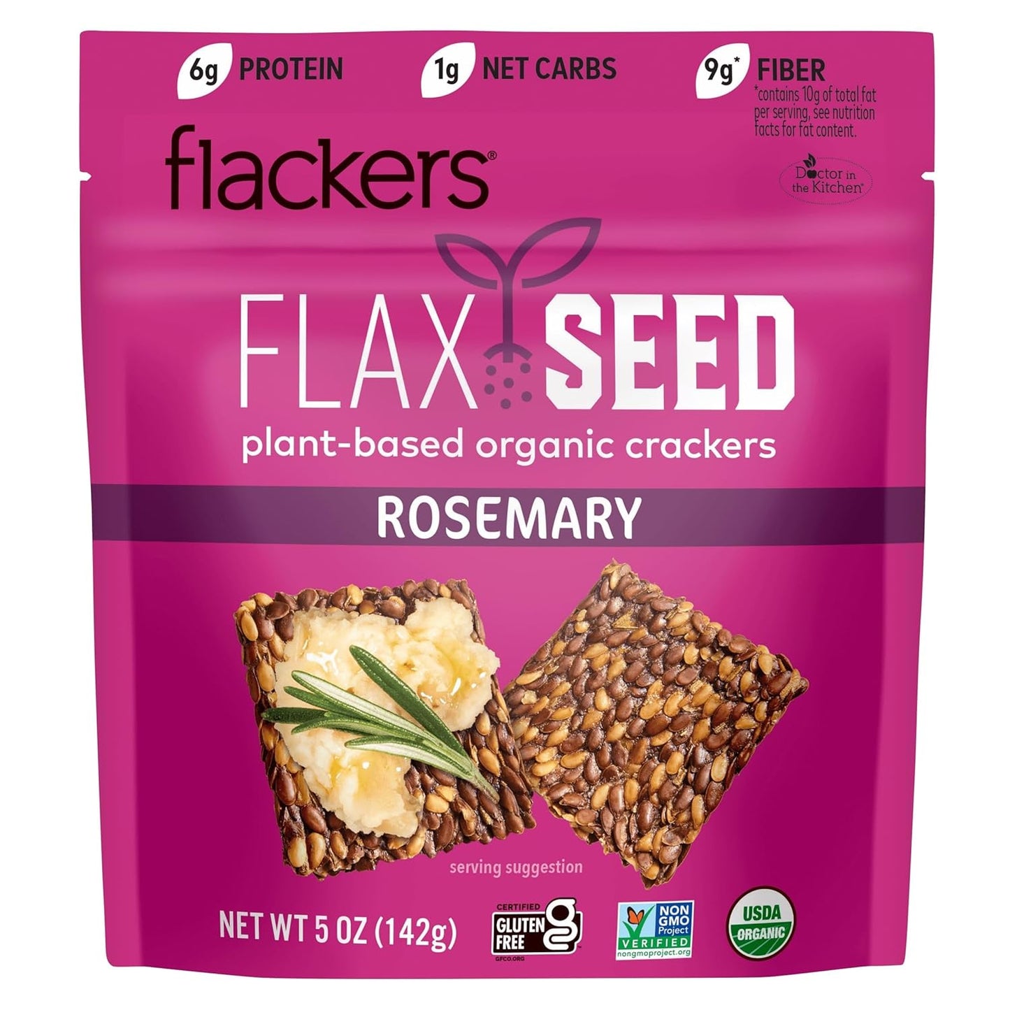 Flackers Organic Rosemary Flaxseed Crackers, 5 Ounce 1-Pack, Gluten Free, Non GMO, Vegan, Keto Snack, 9 Grams Fiber, 1 Net Carb