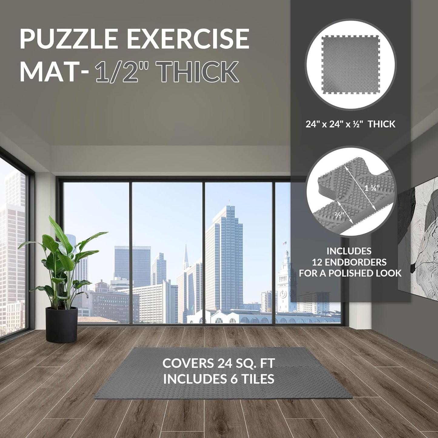 Puzzle Exercise Gym Flooring Mat, 1/2" Thick High-Density EVA Interlocking Tiles Workout Mat for Home Gym, Fitness Equipment, MMA, Gymnastics, 6-Piece Shock-Absorbing Exercise Mat (24 Sq Ft)