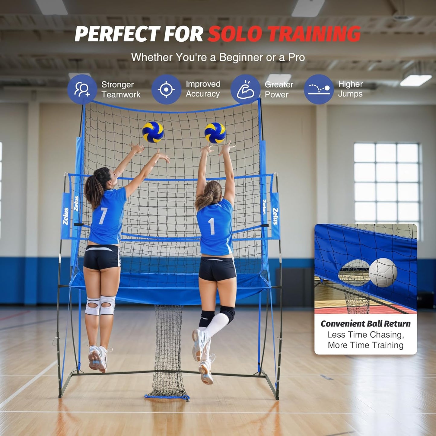 ZELUS Volleyball Training Equipment, 11x8 ft Volleyball Practice Net Station with Adjustable Height & Ball Return