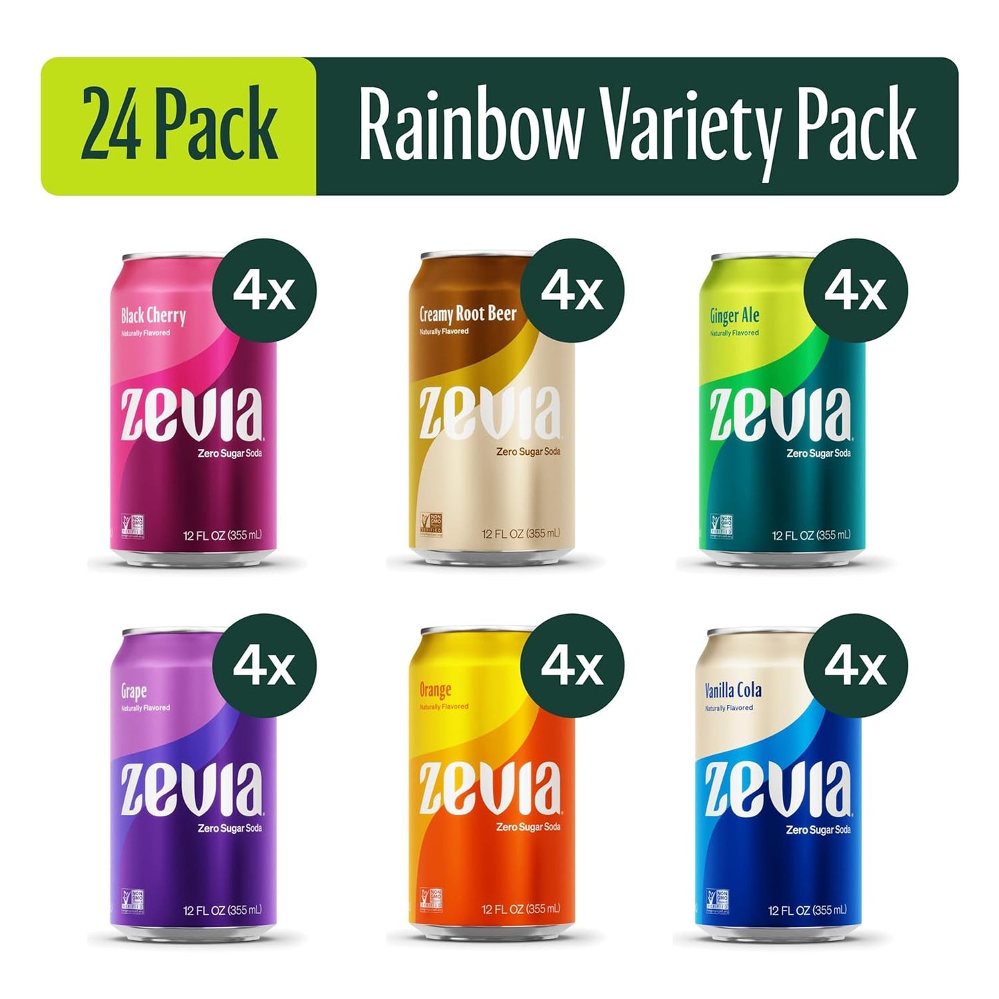 Zevia Zero Sugar Soda, Rainbow Variety Pack, 12 oz Cans (24-Pack) – Naturally Sweetened, Non-GMO Project Verified, Gluten-Free, Vegan