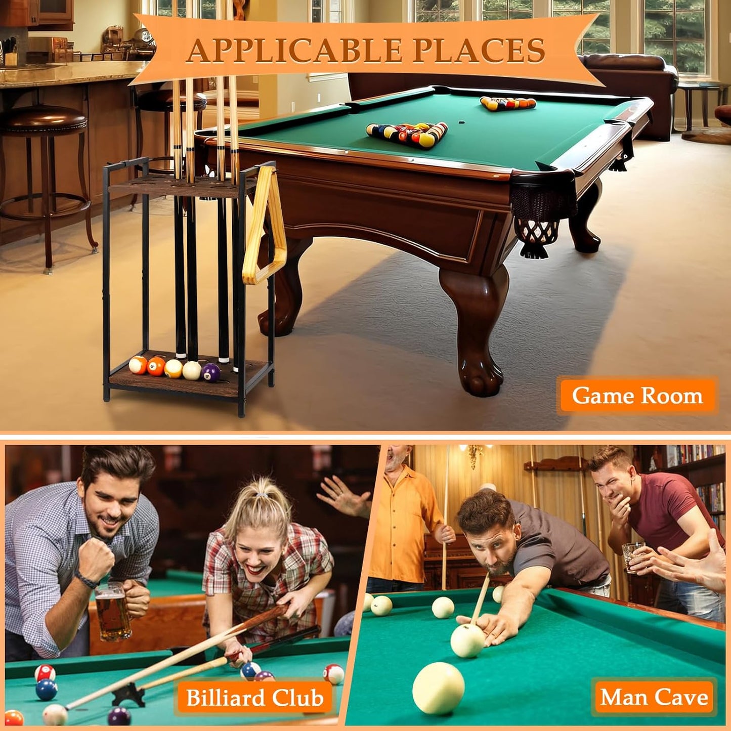 Pool Stick Holder Pool Cue Holder Rack Cue Stick Holder 10 Cues Billiard Cue Racks for Billiard Room Club Pool Table Accessaries (Torched Black 10-Hole)