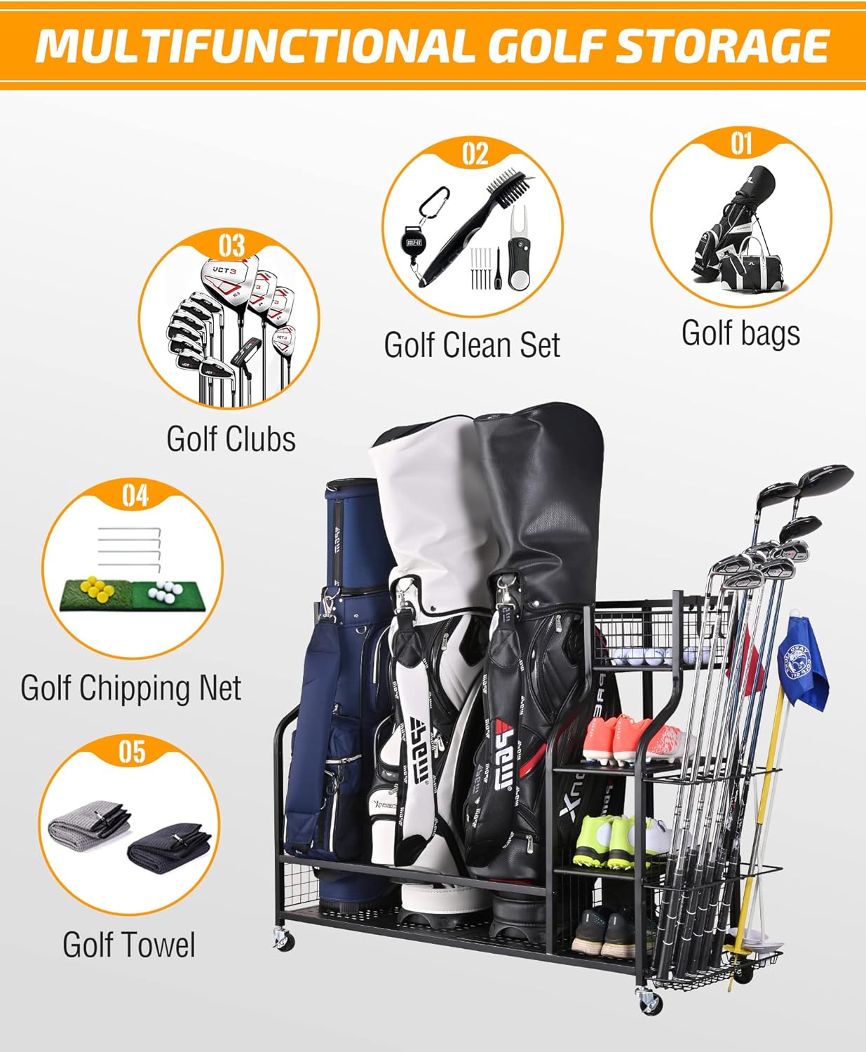 PLKOW Golf Bag Storage Garage Organizer, Extra Large Size Golf Bag Storage Stand and Golf Equipment Rack for Garage,Shed, Basement