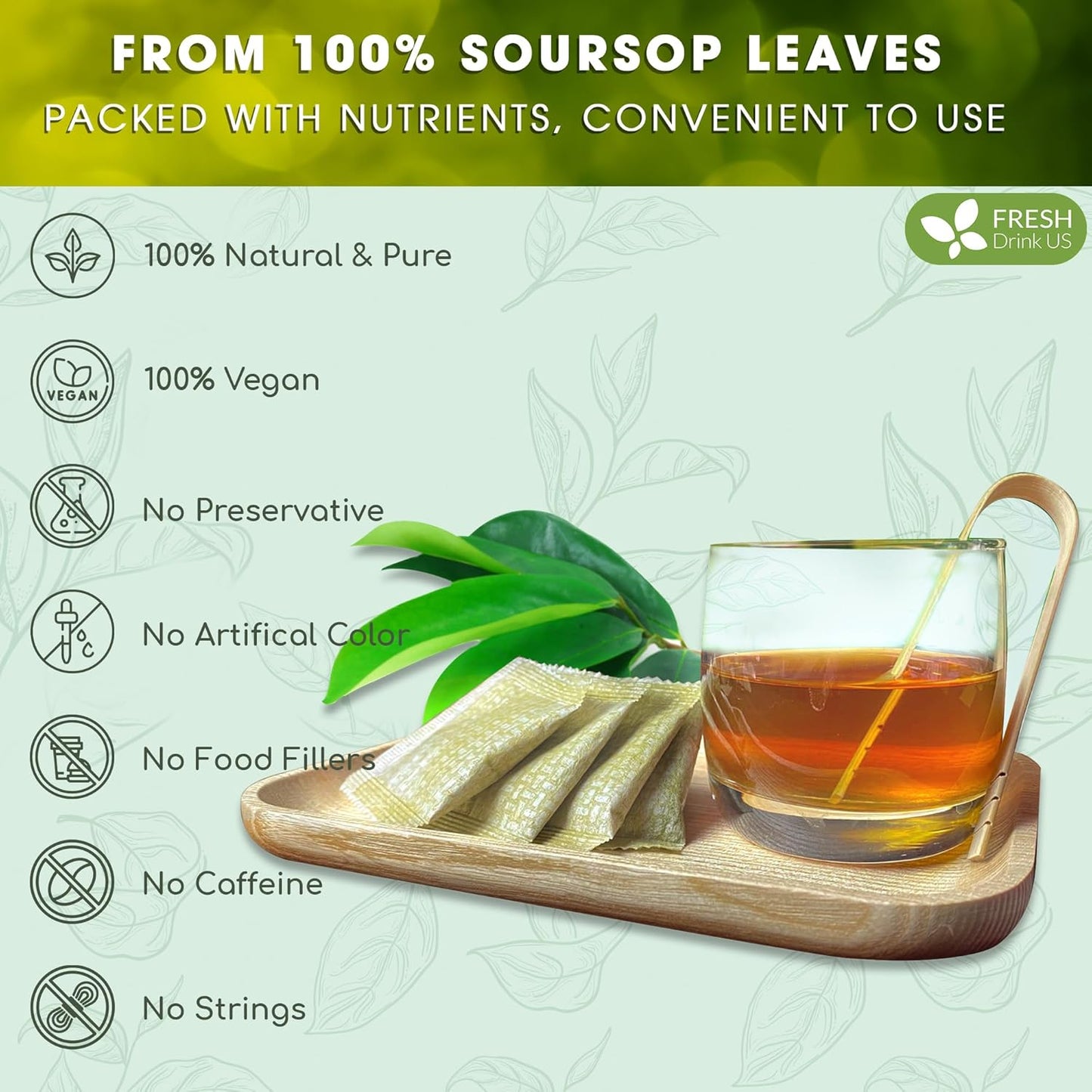 FreshDrinkUS, Premium 15 Soursop Graviola Leaf Tea Bags, 100% Natural & Pure from Soursop Leaves, Hoja Guanabana Herbal Tea. Made with Natural Material Tea Bags. No Sugar, No Caffeine, Vegan.