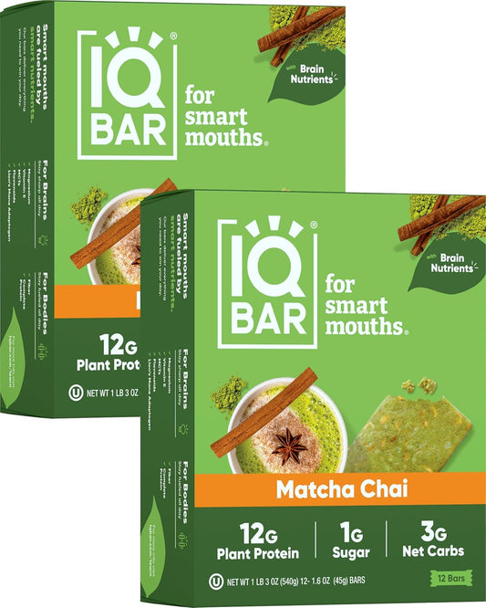 IQBAR Brain and Body Plant Protein Bars - Matcha Chai - 24-Count Low Carb - Gluten Free, High Fiber, Vegan Snacks - Low Sugar Meal Replacement