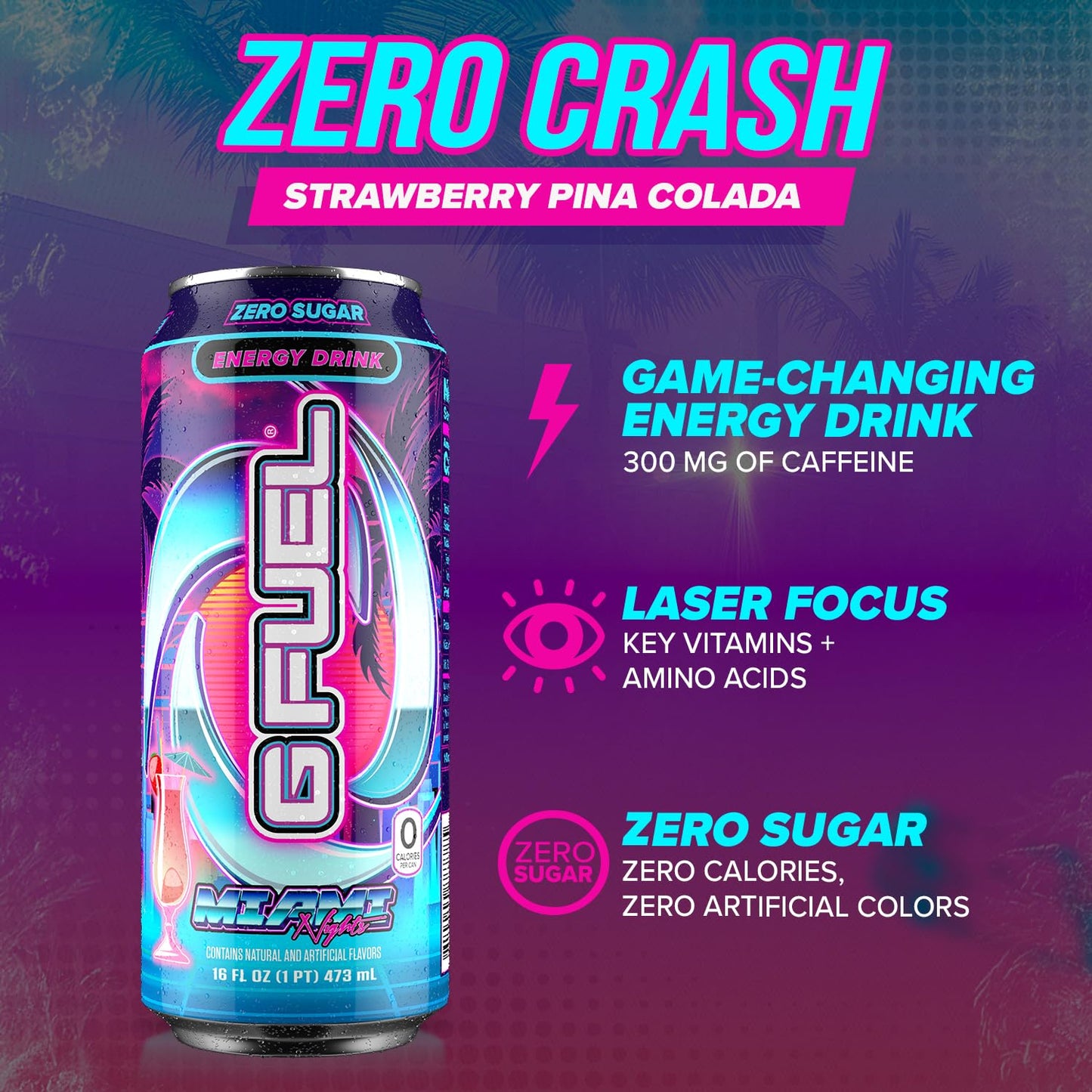 G Fuel Energy Drink, Strawberry Pina Colada, Sugar Free Beverage with 140mg Caffeine, Daily Energy Boost with Focus Amino, Vitamin + Antioxidants, 16 oz Cans (Miami Nights, 12-Pack)