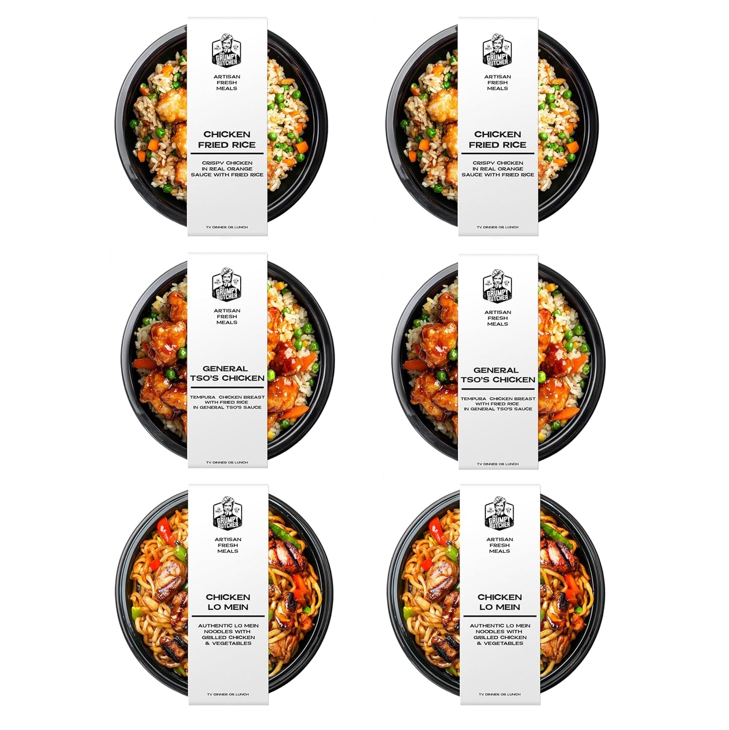 Grumpy Butcher Asian Meals Set – 6 Pack (10-15 oz each) – Chicken Lo Mein, Fried Rice, General Tso’s – Authentic Recipes Prepared Meals Ready to Eat