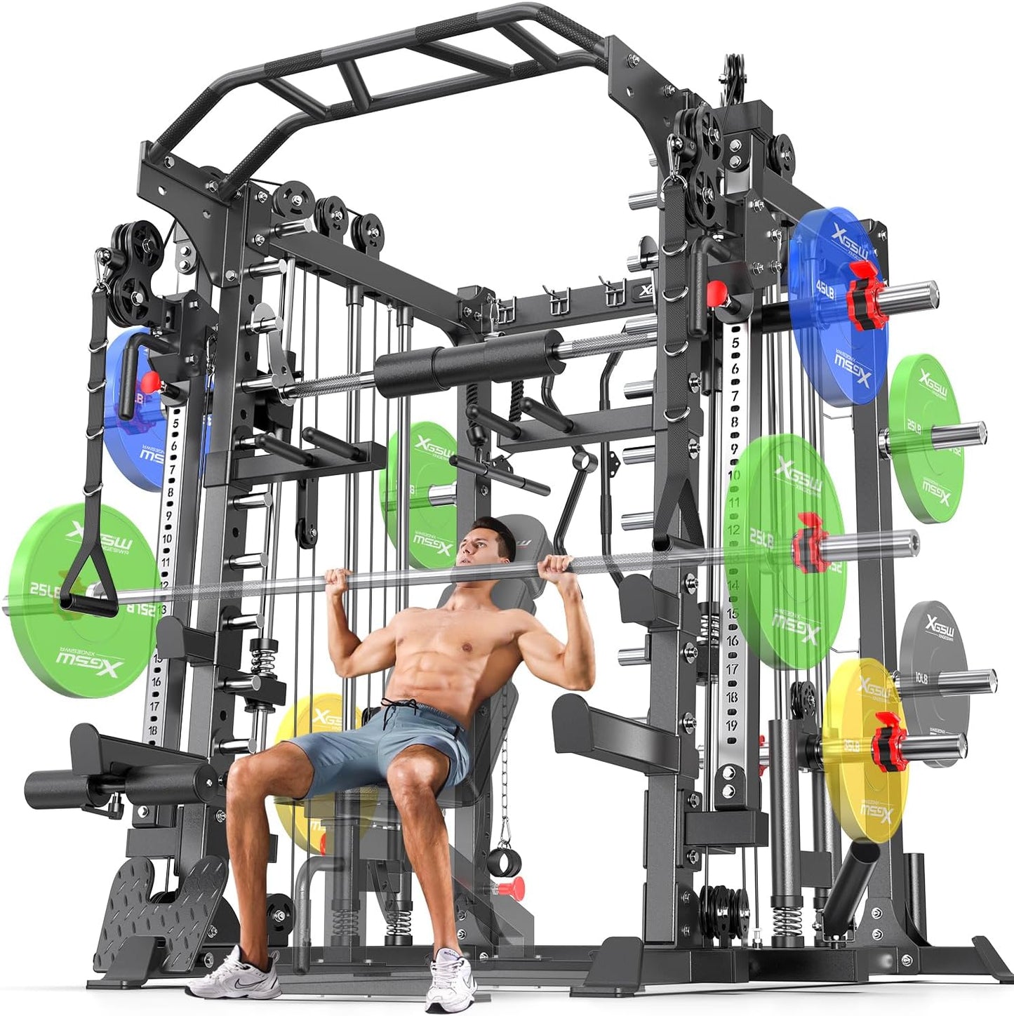 Smith Machine Power Rack Multifunctional Power Cage Deep Squat Rack Cable Crossover System Selectable More Training Attachment for Garage & Home Gym