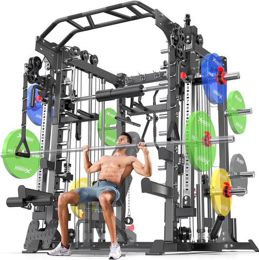 Smith Machine Power Rack Multifunctional Power Cage Deep Squat Rack Cable Crossover System Selectable More Training Attachment for Garage & Home Gym