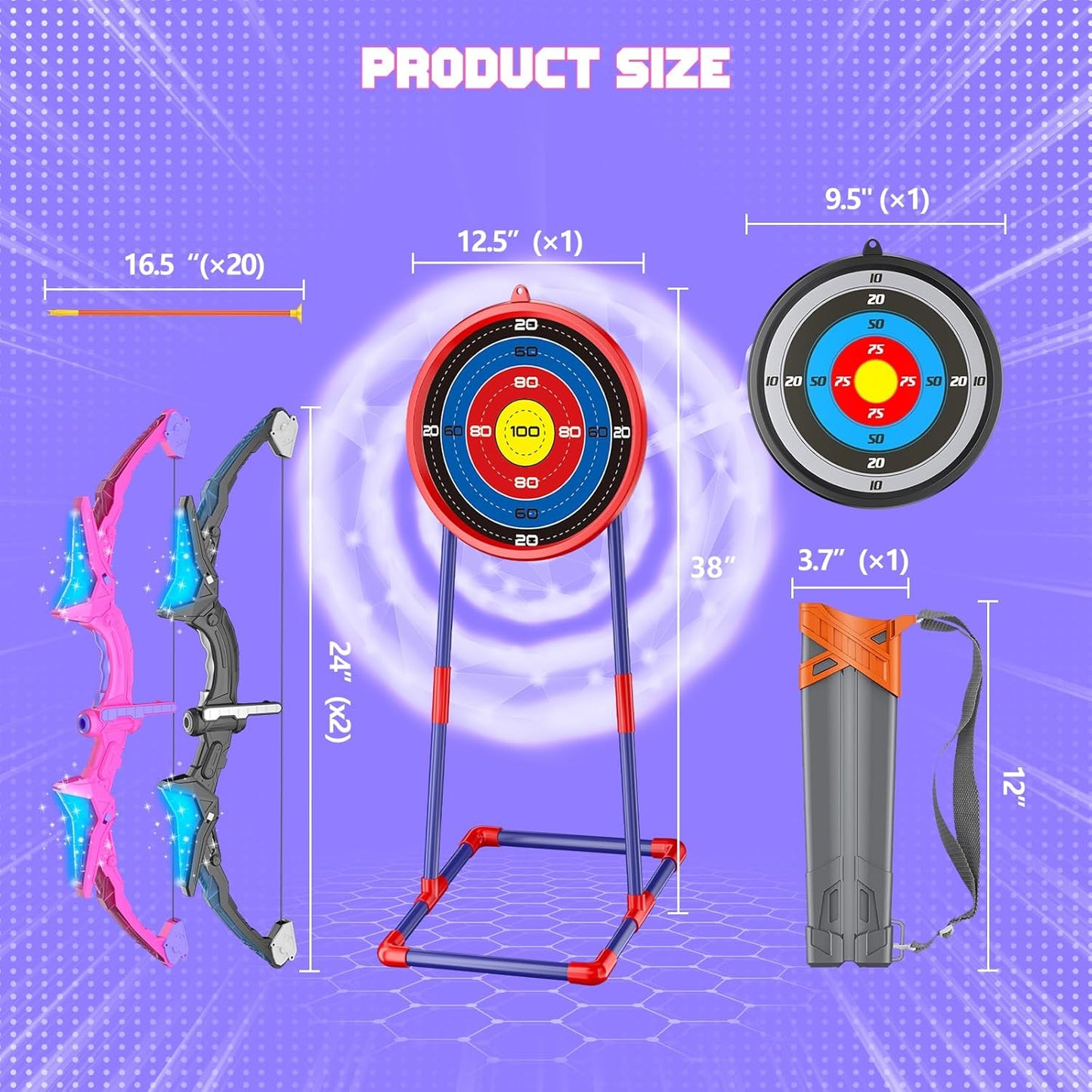2 Pack Kids Bow and Arrow, 20 Suction Cup Arrows, 2 Archery Targets&Quiver, Light-up Set for Kids Ages 4-8 8-12, Indoor Outdoor Toys for Boys Girls, (Black & Pink)