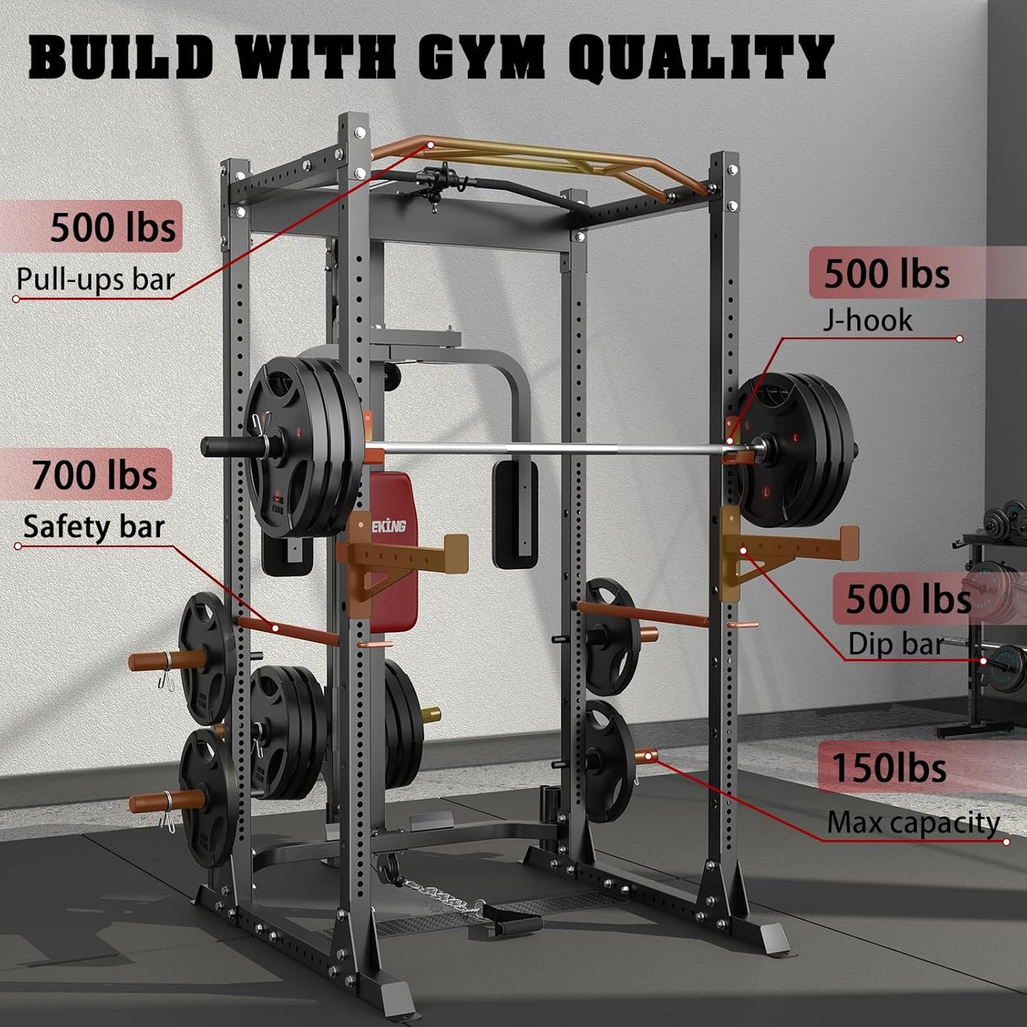 BEKING Power Cage, 2000LBS Power Squat Rack with LAT Pulldown, 2.36" ×2.36" Multi-Functional Squat Cage with Pulley System and More Training Attachments for Home Gym