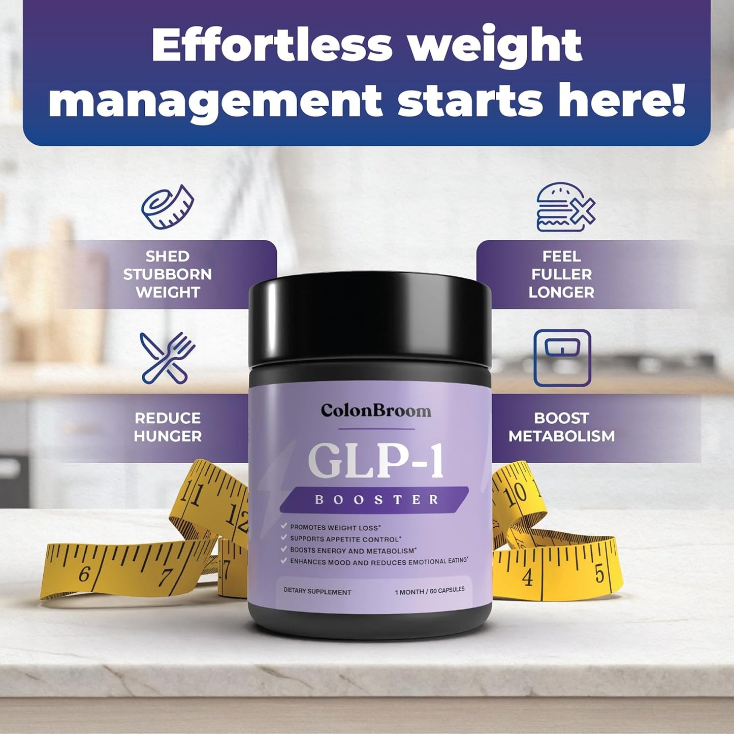 ColonBroom GLP-1 Weight Management Supplement for Women & Men - GLP1 Supports Gut Health, Metabolic Wellness & Appetite Regulation for Diet - Vegan, Gluten-Free, Non-GMO Diet Fiber Capsules - 60 Count