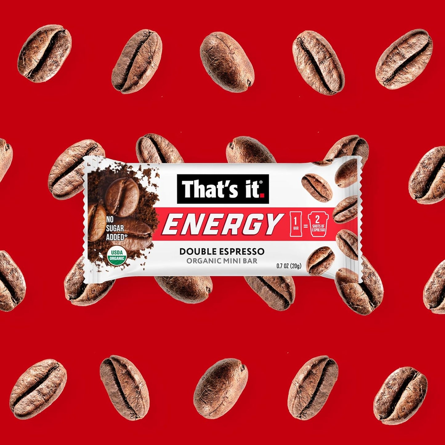 That’s it. Organic Energy Coffee Mini Bars - (1 Mini Bar = 2 Espresso Shots) Grab and Go, No Added Sugars, Non-GMO, Caffeine Power Snack, Kosher, Allergy Friendly (Double Espresso - 15 Count)