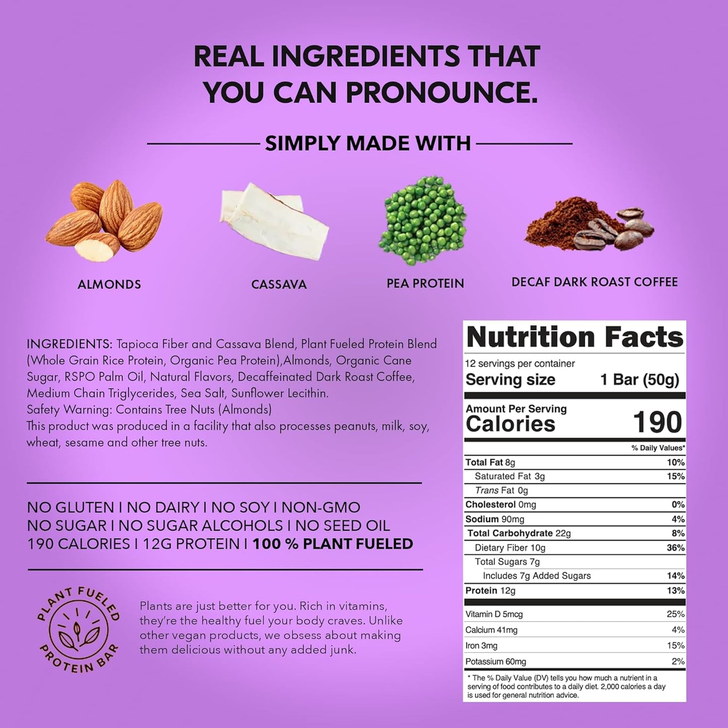 TRUBAR Vegan Protein Bar, Whole Lotta Macchiato, Gluten Free, Plant Based Protein, Dairy Free, Non GMO, Soy Free, No Sugar Alcohols, 12G Protein, 12G Fiber, 23G Carb, On the Go Snack Bars, 12 CT