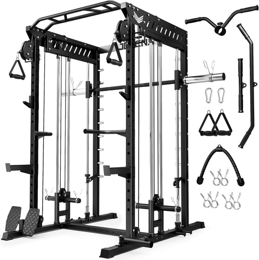 M21 Smith Machine, Multi-Function Power Cage with Dual Pulley Cable Crossover System, 2000LBS All-in-One Squat Rack with Smith Bar and Attachments