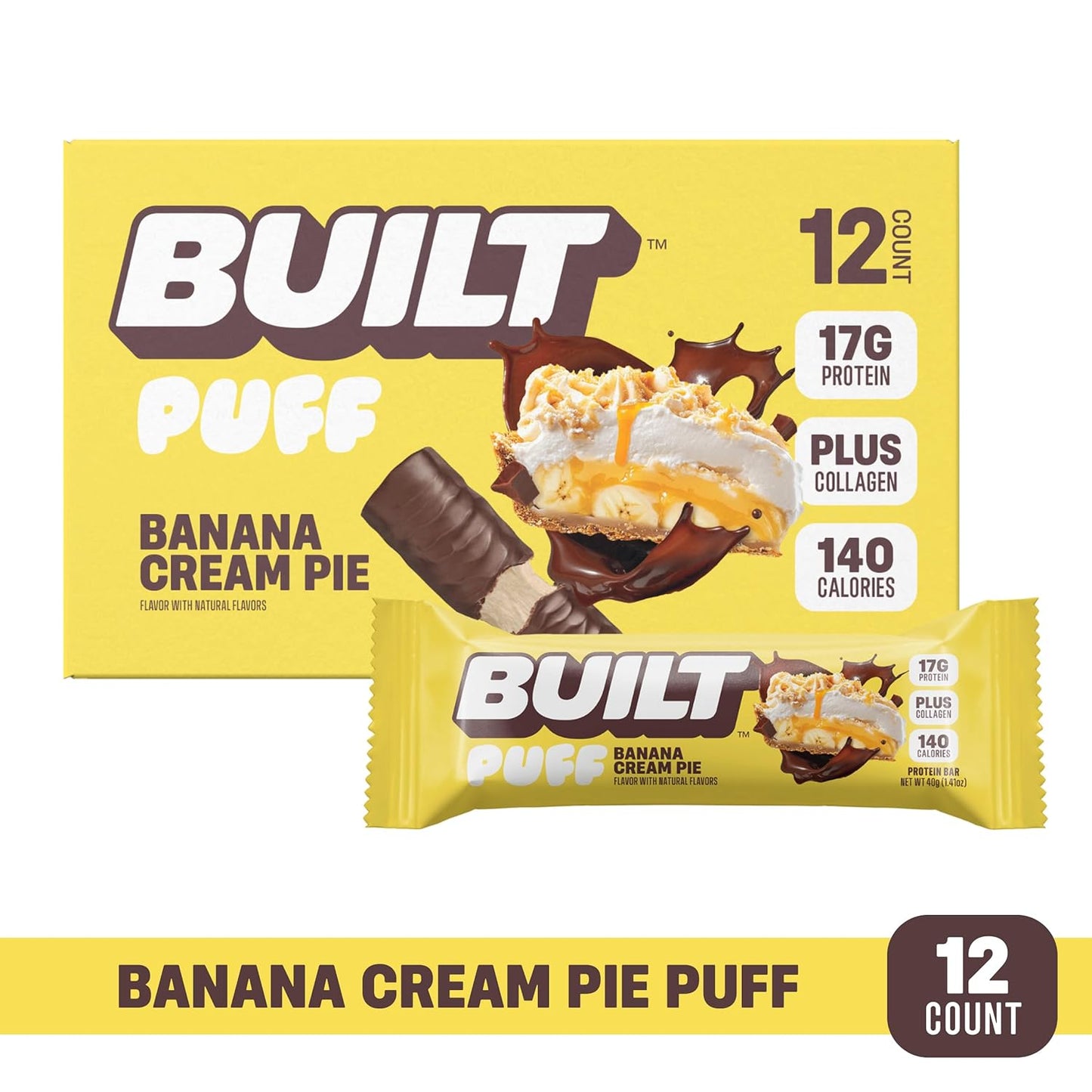 Built Bar, Puff Protein Bars, Banana Cream Pie Puff, 17g Protein Snacks, On-The-Go Bars, Only 140 Calories, 6g Sugar, Collagen, Gluten Free, 12 Count
