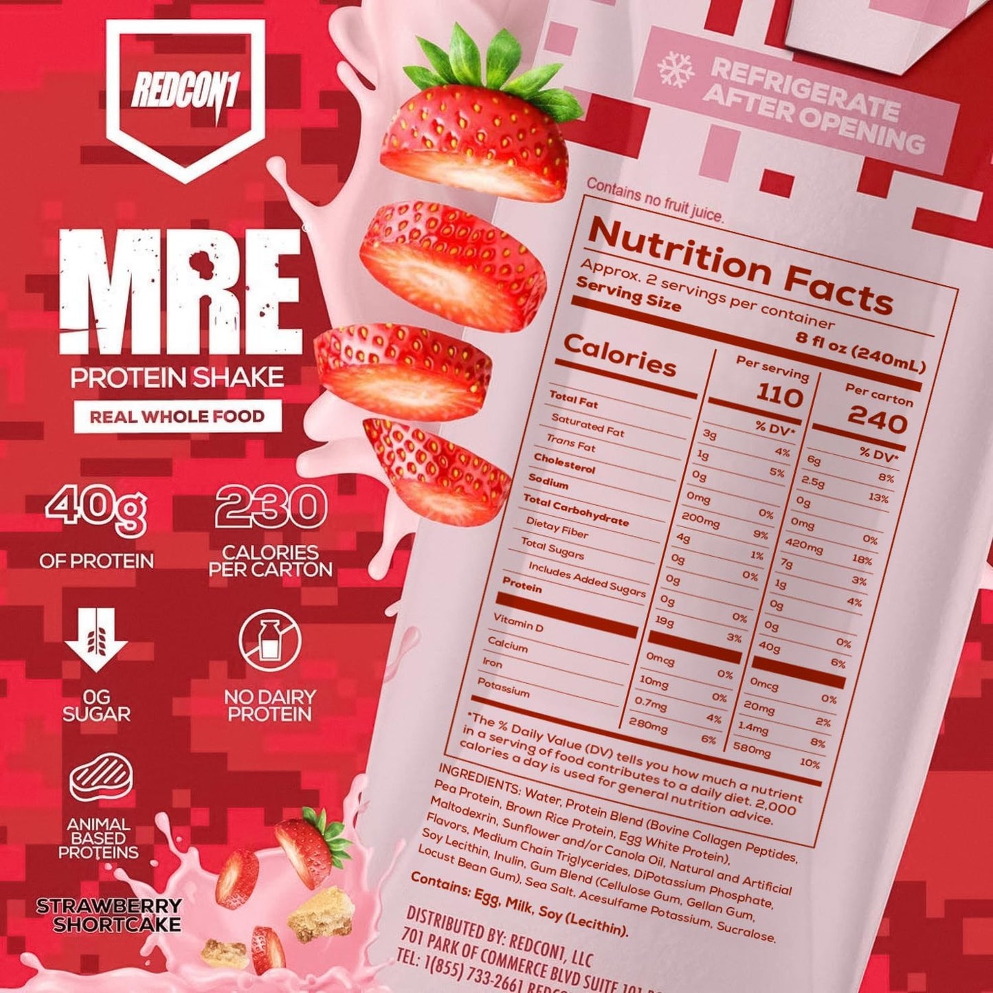 REDCON1 MRE Ready to Drink Protein Shakes, Strawberry Shortcake - Protein Drinks with Whole Food Sources - Sugar Free RTD Shake Formulated to Fuel Athletes at Any Time (12 Pack)