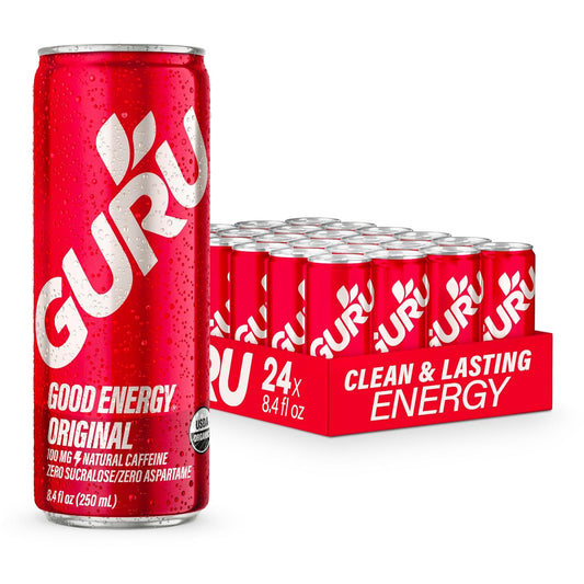 GURU Original Organic Energy Drinks, Clean Energy Drink with Plant Based Natural Caffeine from Green Tea, Gluten Free and Vegan, 100MG Caffeine, Healthy Drinks, 8.4oz (Pack of 24)