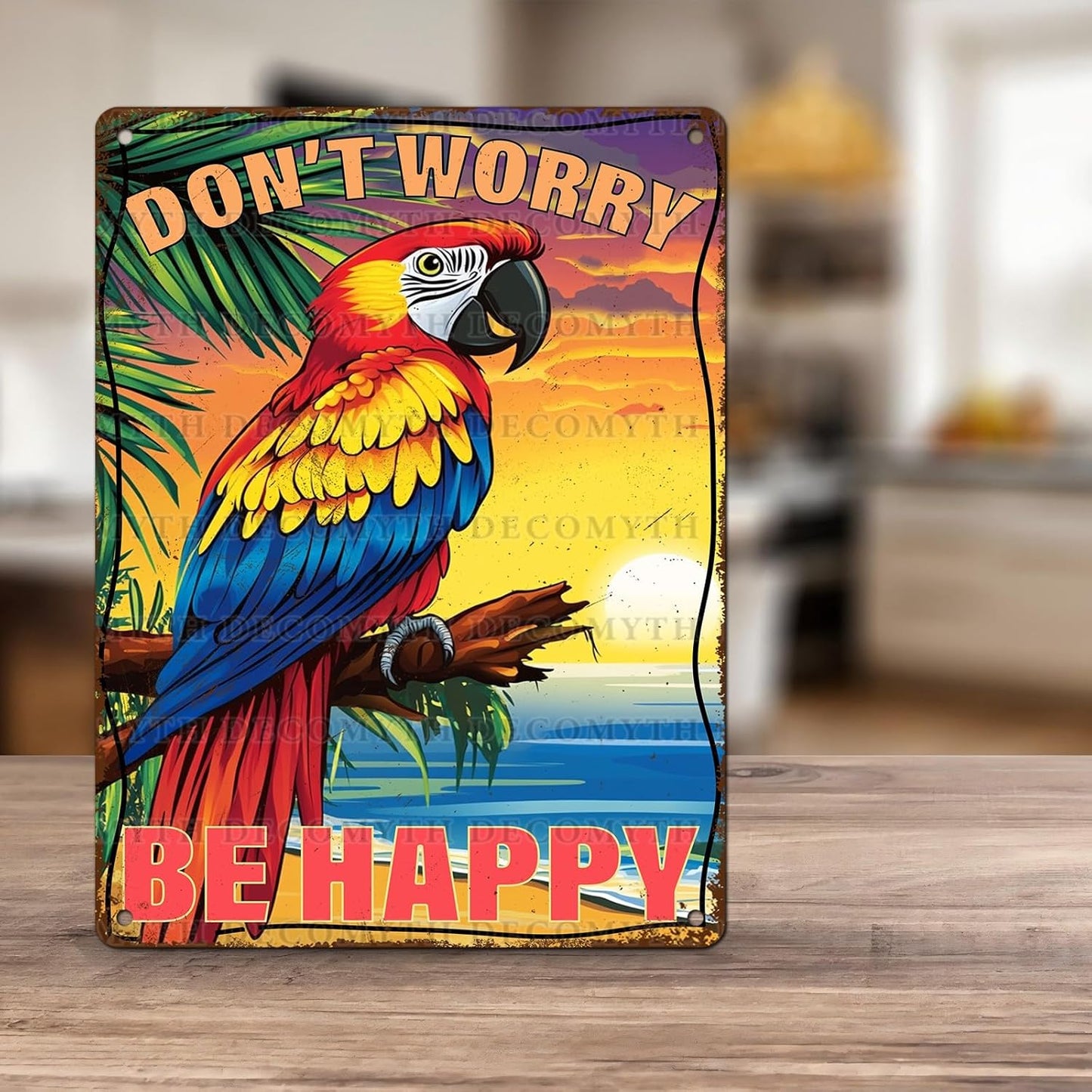 Vintage Tin Sign Don't Worry Be Happy Tin Sign The Beach Parrot for Home Farm Outdoor Bathroom Restaurant Cafes Bars Club Kitchen Garage Cute Vintage Art Wall Decor 12 * 16inch
