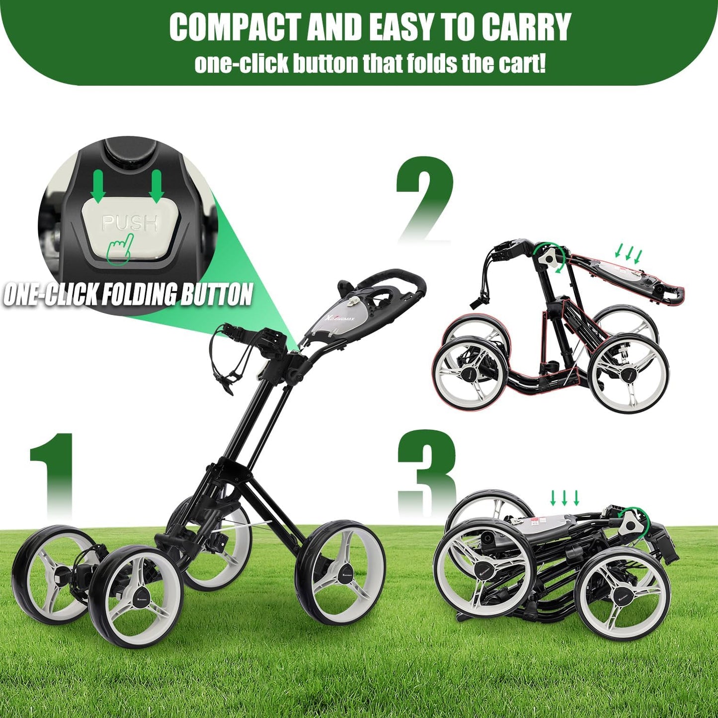 Golf Push Cart Series: 2-Wheel, 3-Wheel, 4-Wheel & 360° Swivel Front Wheel