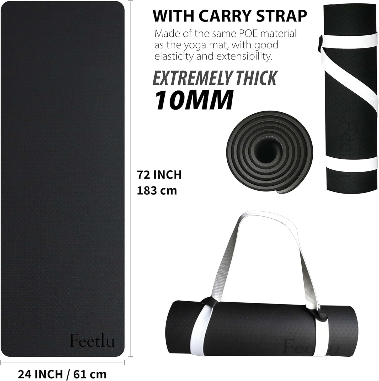 Extra Thick Exercise Yoga Mat with Strap - 2/5 Inch (10MM), Non-Slip Workout Mat for Yoga, Pilates, and Floor Exercises