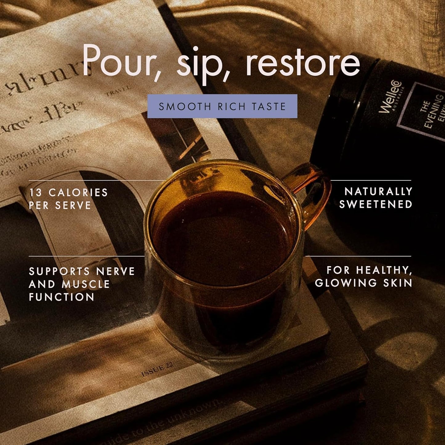 WelleCo The Evening Elixir Skin Care Vitamin C Hot Chocolate Beauty Drink Mix with Niacin, Lemon Balm, and Magnesium for Sleep, Collagen Formation, Gluten Free, Vegan, Dairy Free, 150g (5.3oz) Jar