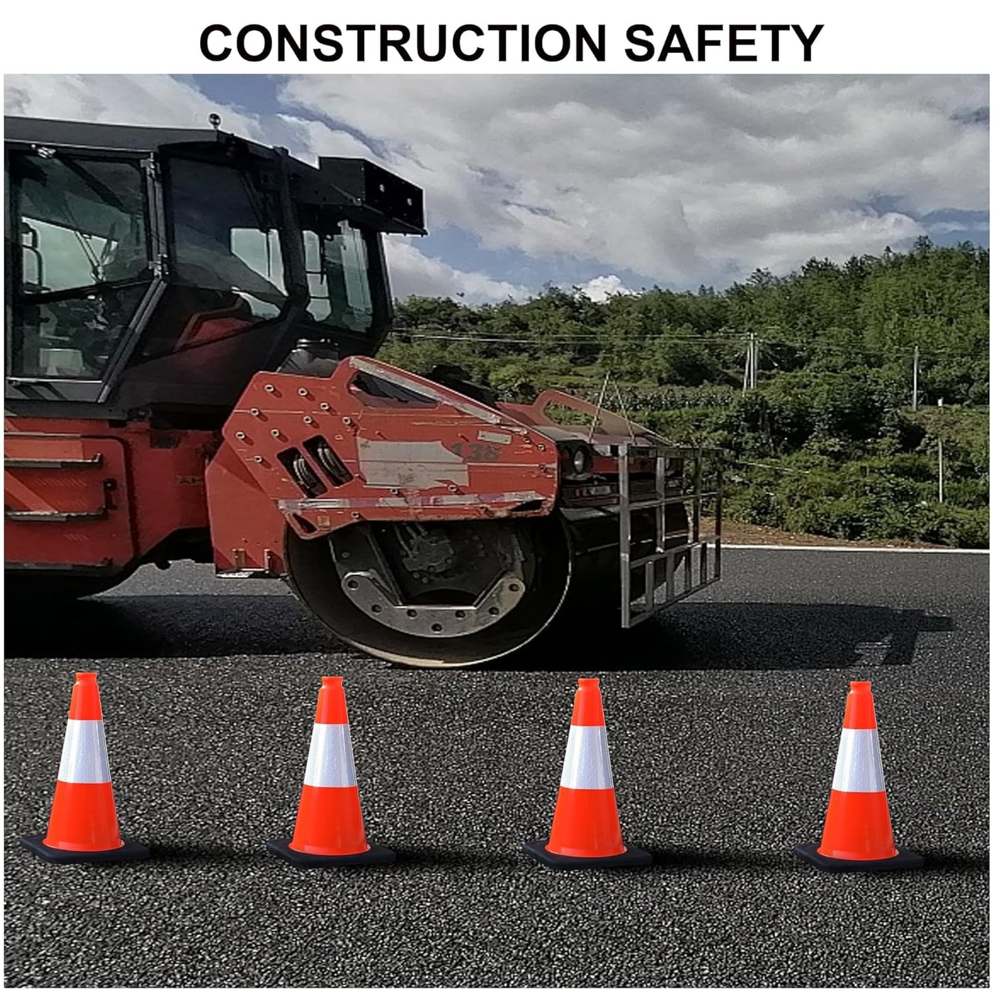 OrangeStar 4-Pack 18" Traffic Cones with Weighted Rubber Base, 6" Reflective Collar, Orange Safety Cones for Parking Lot, Road Construction, Warehouse, Highway, Weatherproof PVC