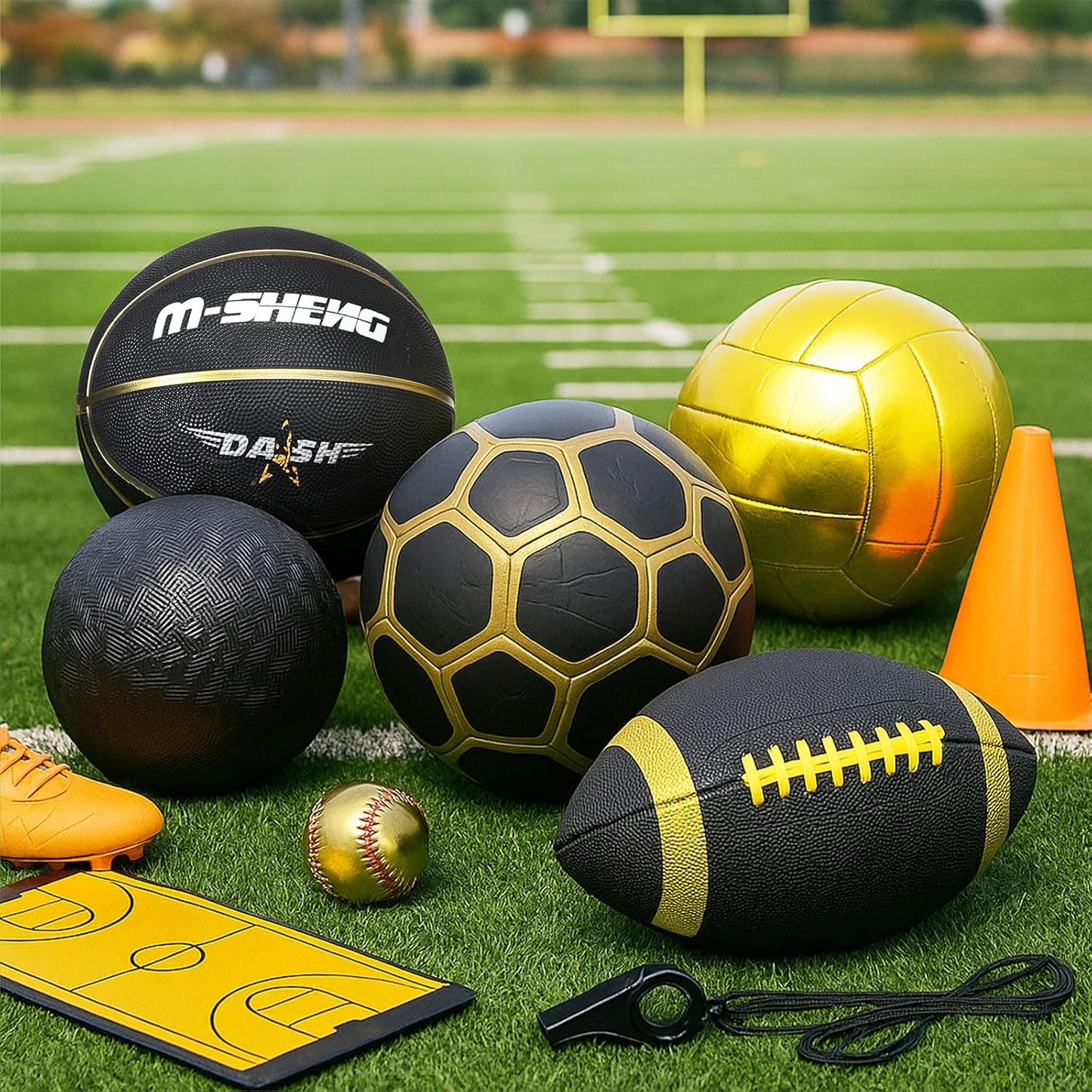 6 Pcs Multi Sport Ball Set Official Size Football, Basketball, Soccer, Volleyball, Playground Ball, Baseball with Equipment Bag Pump for Teen Adult Sport Gift Back to School