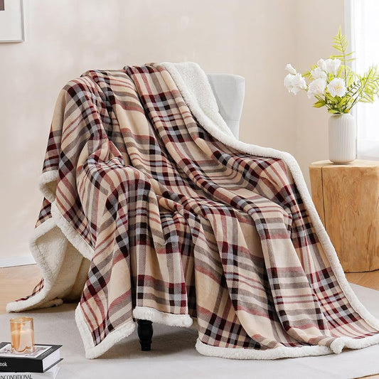 PU MEI Sherpa Fleece Throw Blanket 60" x 80" Reversible Plush Fluffy Large Big Blanket Lattice Flannel Blankets for All Season Use, Beige Stripe
