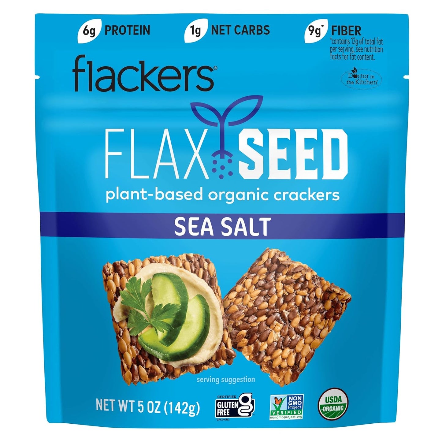 Flackers Organic Sea Salt Flaxseed Crackers, 5 Ounce 12-Pack, Gluten Free, Non GMO, Vegan, Keto Snack, 9g Fiber, 1g Net Carb