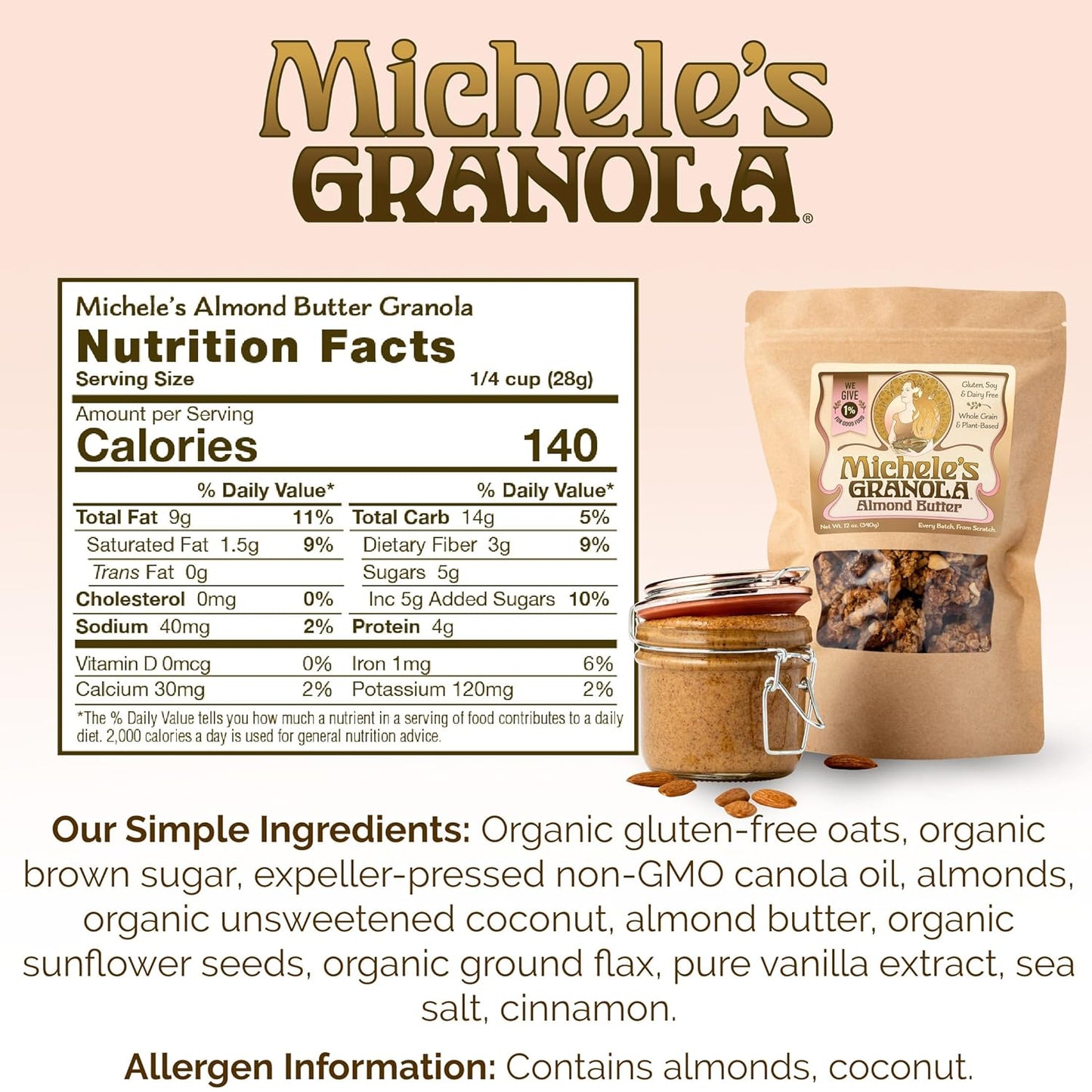 Michele's Granola - Almond Butter - Handmade Non-GMO Whole Grain Oats - Free of Gluten, Soy, Wheat, & Dairy