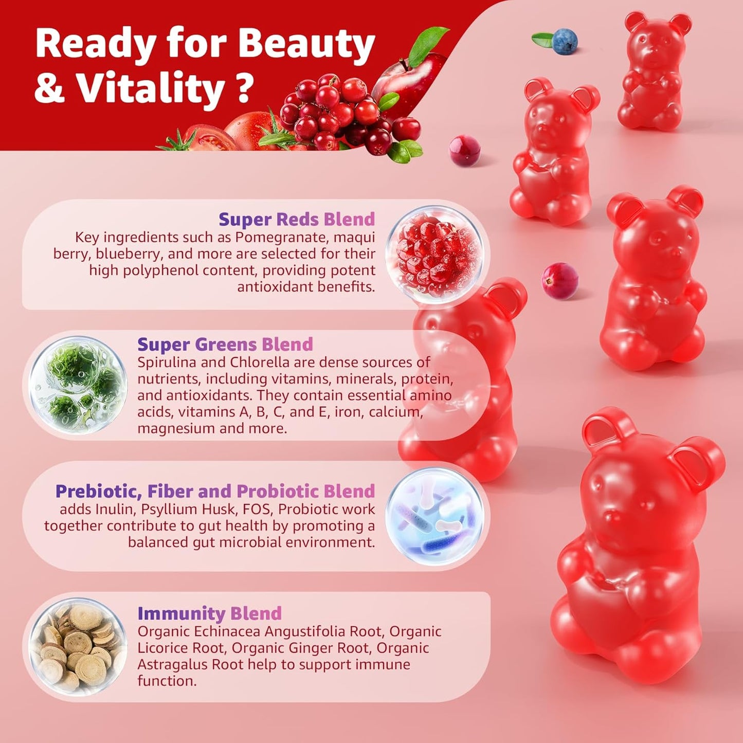 Super Reds Gummies, Fruit and Veggie Supplement w/40+ Superfoods, Polyphenol, Fruits Berries, Super Greens, Beet Root Powder Alternative, Support Energy, Antioxidants, Gut Health, Immunity, 60Cts