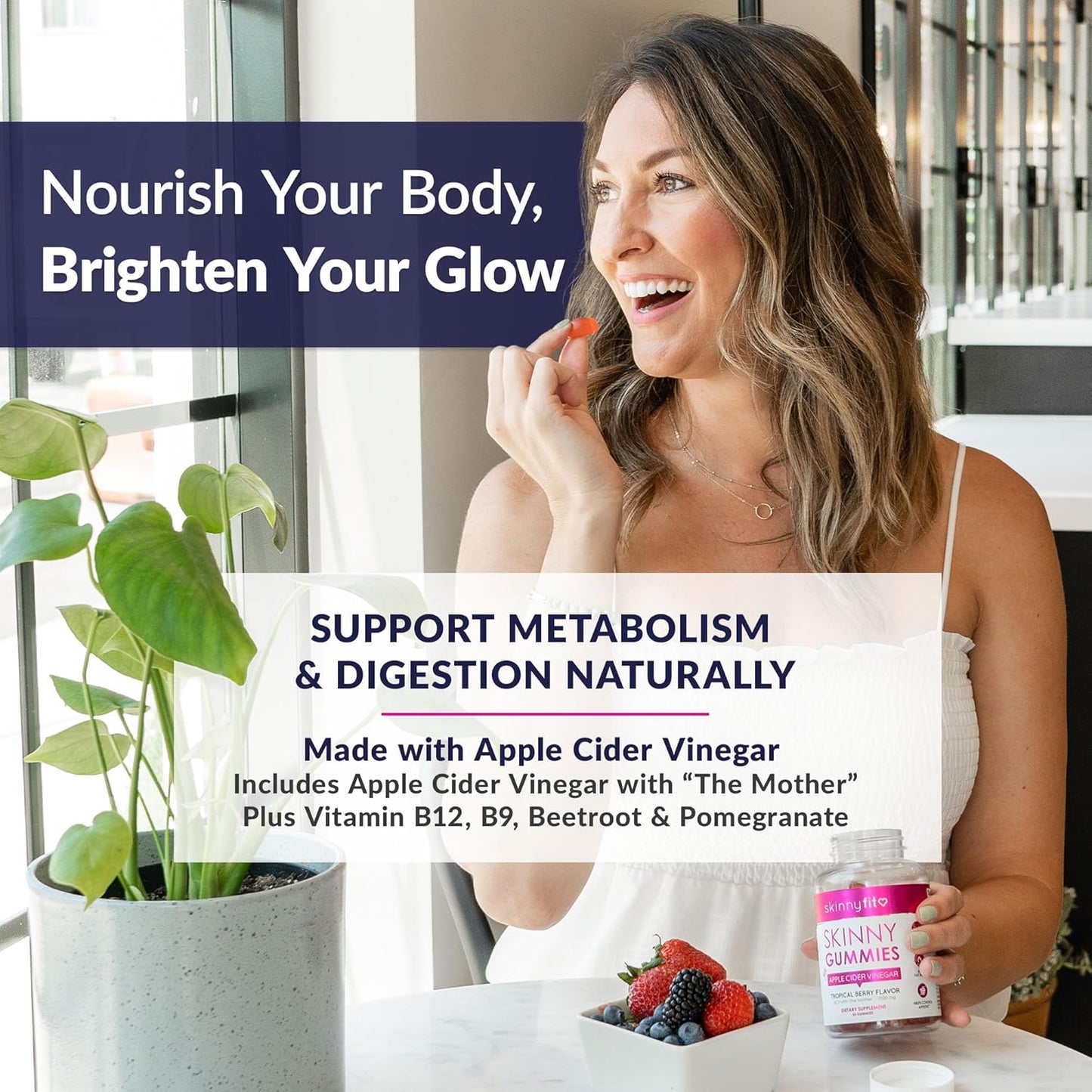 SkinnyFit Skinny Gummies Apple Cider Vinegar Gummies w/ The Mother, Healthy Weight, Immune Support, Vitamin B9, B12, Beetroot, Pomegranate, Vegan-Friendly, 60 Count