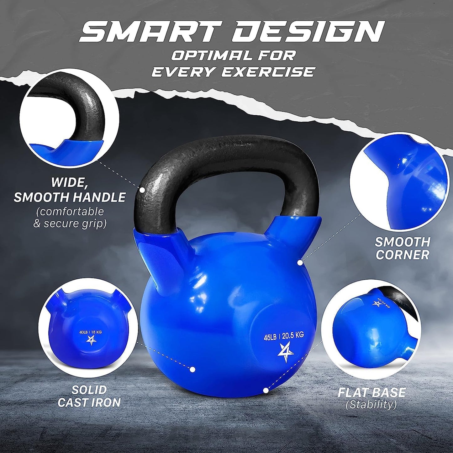 Yes4All 5-100 LB Kettlebells Vinyl Coated Cast Iron for Dumbbell Weights Exercises, Gym, Fitness, Full Body Workout Equipment Push up, Grip and Strength Training